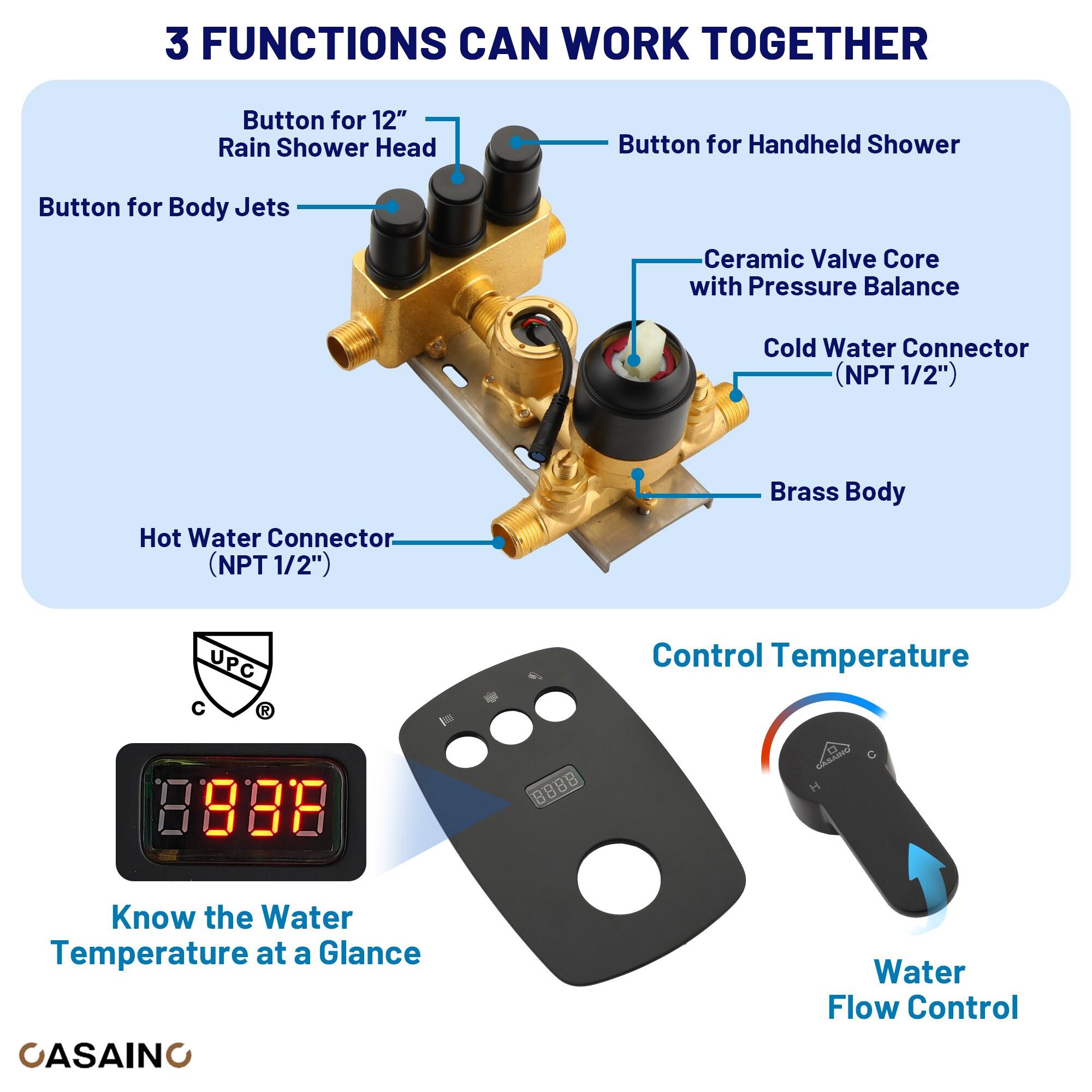3-Function 12 Inch Temperature Digital Display Shower System With 2-Setting Slider Bar Handheld And 4Pcs Body Jets