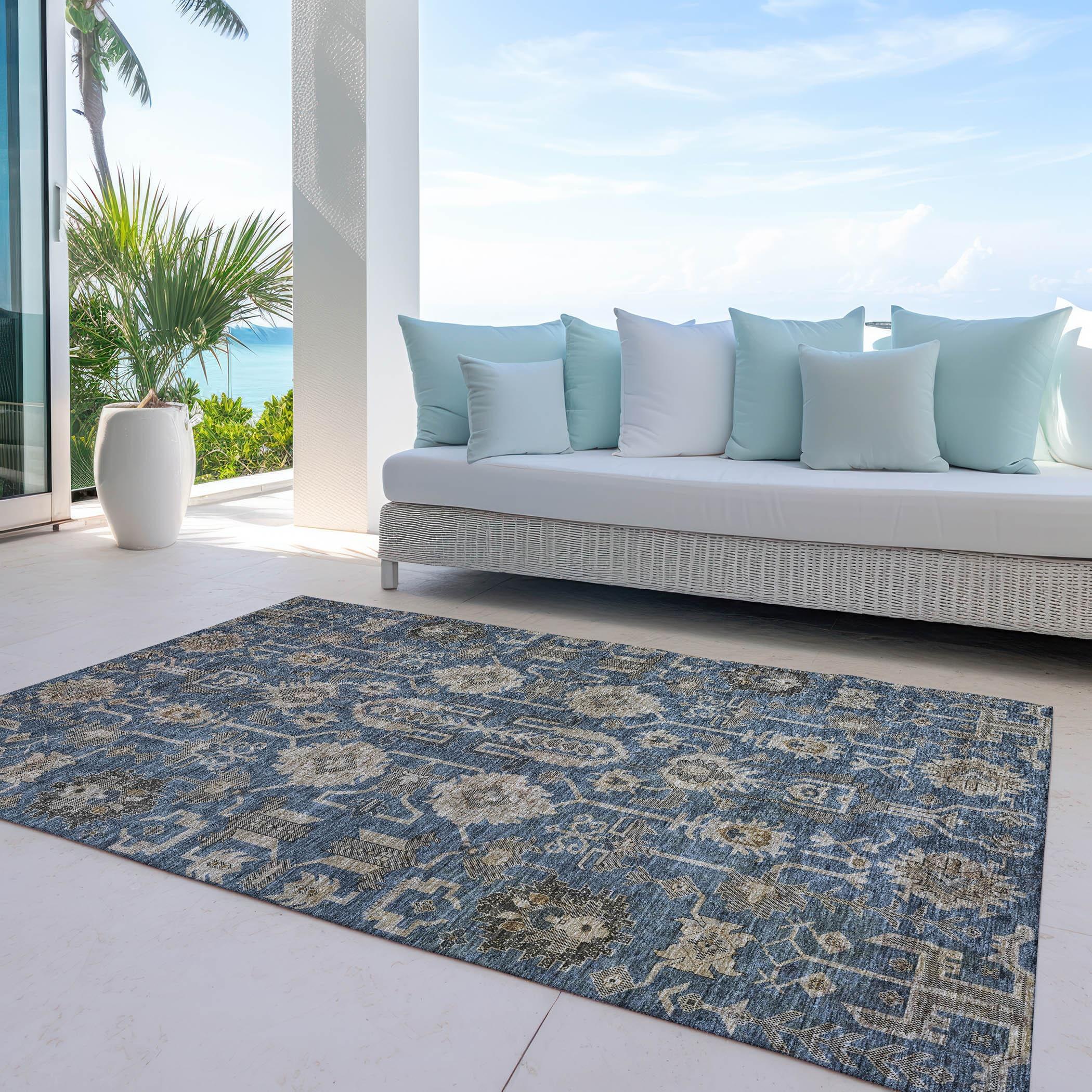 Navy and Beige Synthetic Flat Woven 8' x 10' Oriental Rug