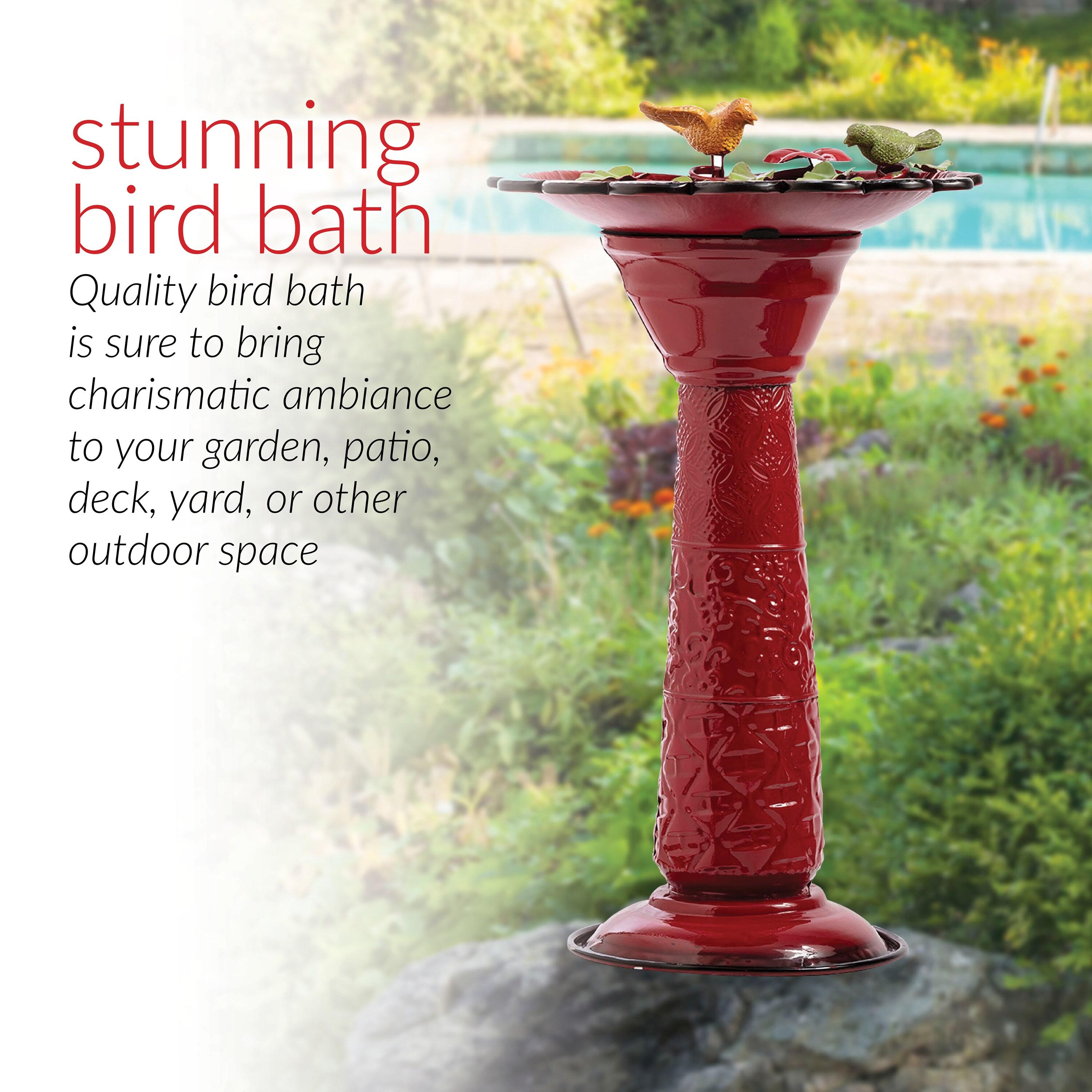 Alpine Corporation 28-Inch Metal Bird Bath with Birds and Leaves, Red