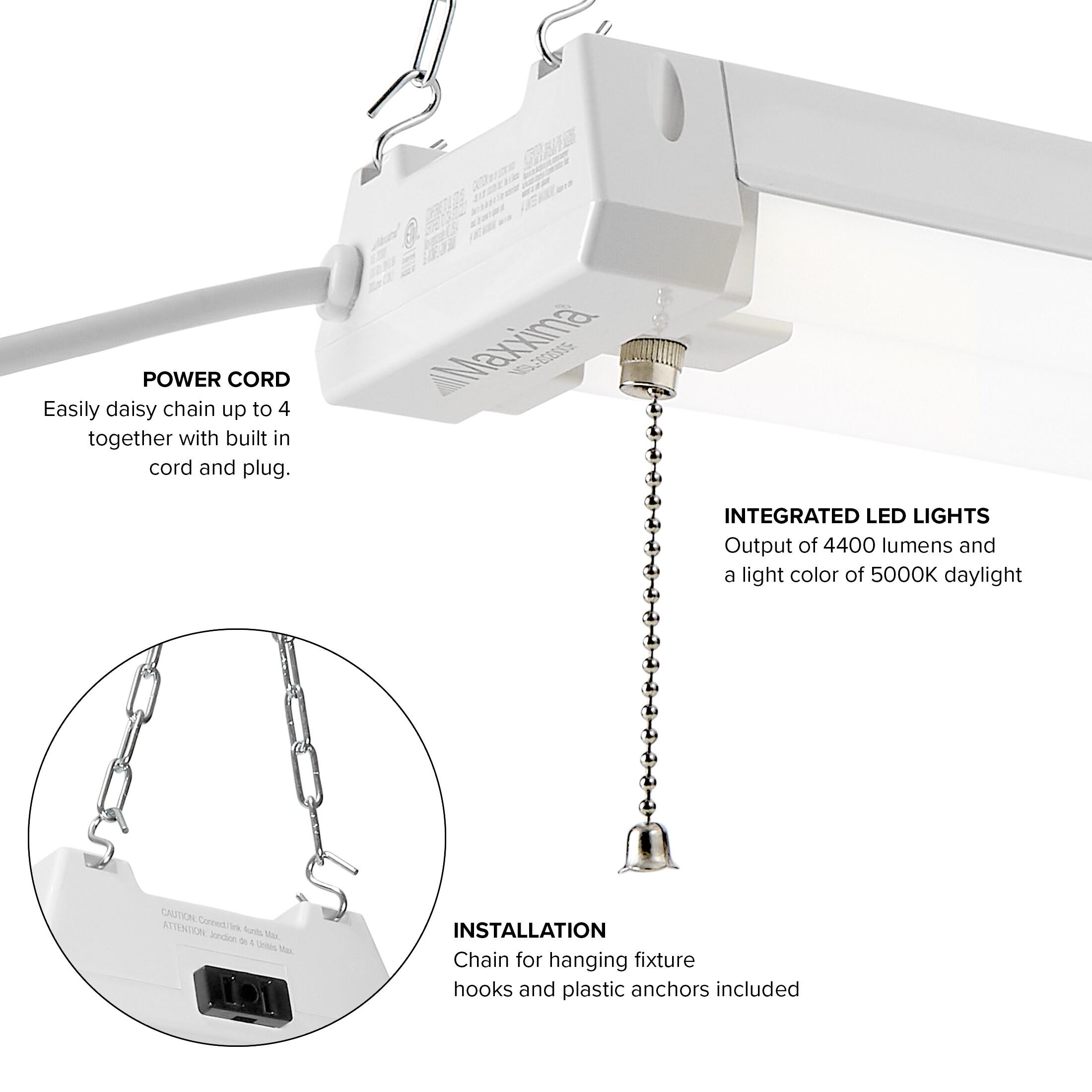 Maxxima 4 ft. Utility LED Shop Light Fixture - 40 Watt, Linkable, Clear Lens 5000K Daylight 4800 Lumens, Plug in, Pull Chain, Ideal for Garage and Workshop Lighting, Energy Star