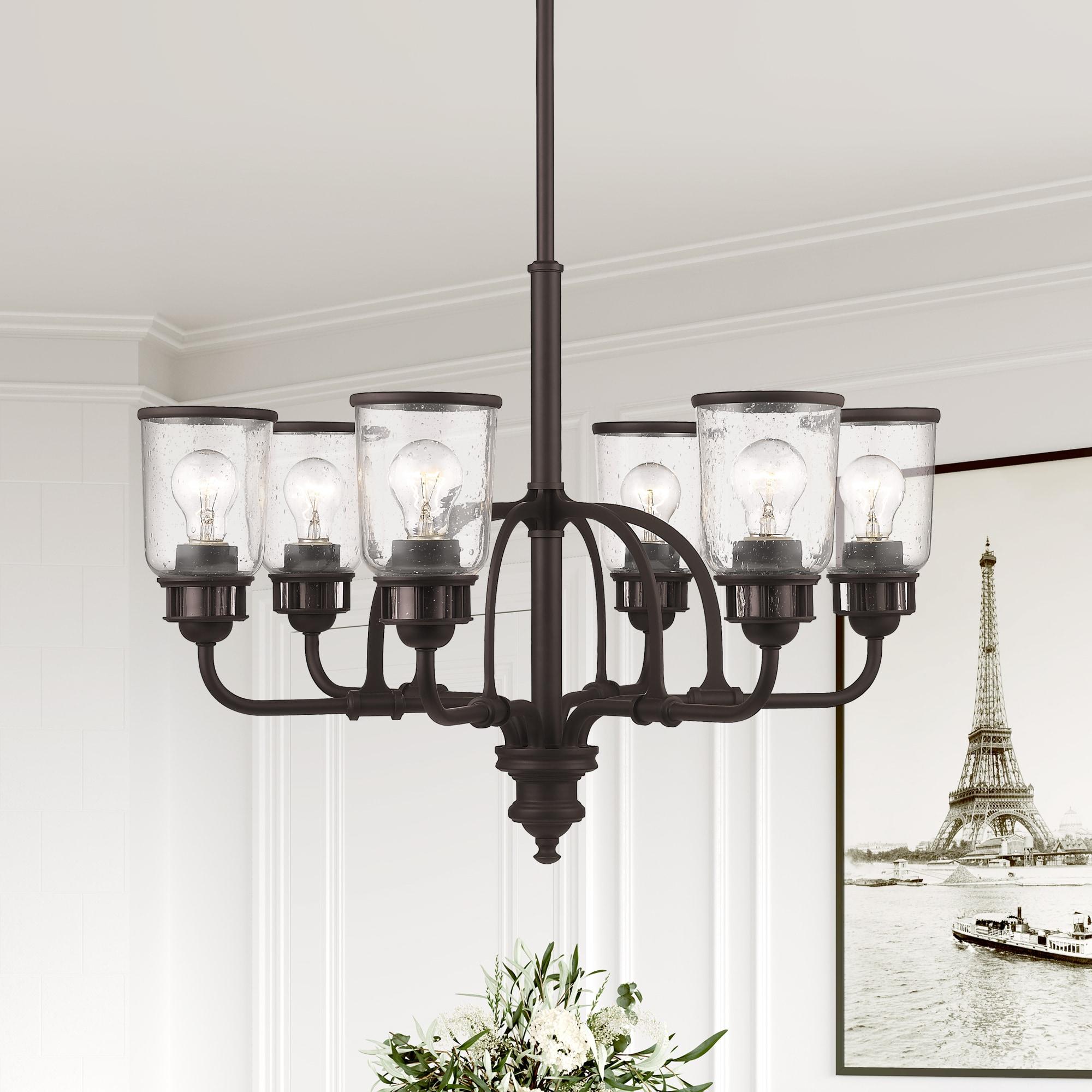 6 Light Bronze Chandelier with Hand Blown Clear Seeded Glass Shade