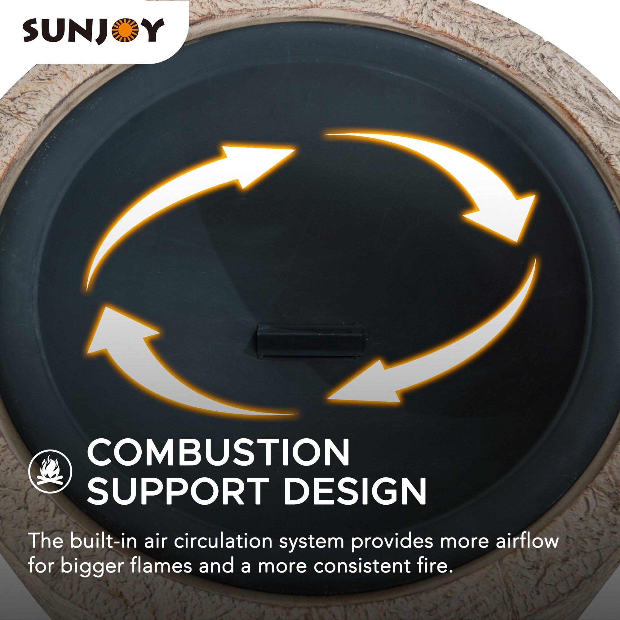 Sunjoy Stone Fire Pit 26 Inch, Outdoor Round Wood Burning Fire Pits with Spark Screen and Poker  Tan