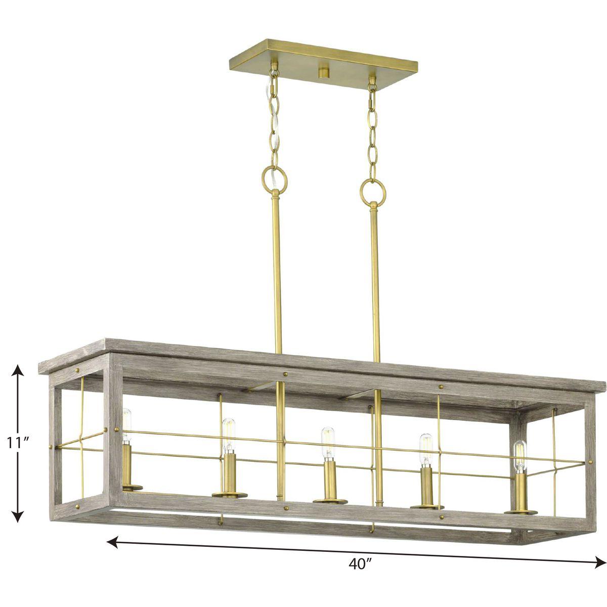 Progress Lighting, Hedgerow, 5-Light, Linear Island Chandelier, Grey Washed Oak, Windowpane Design