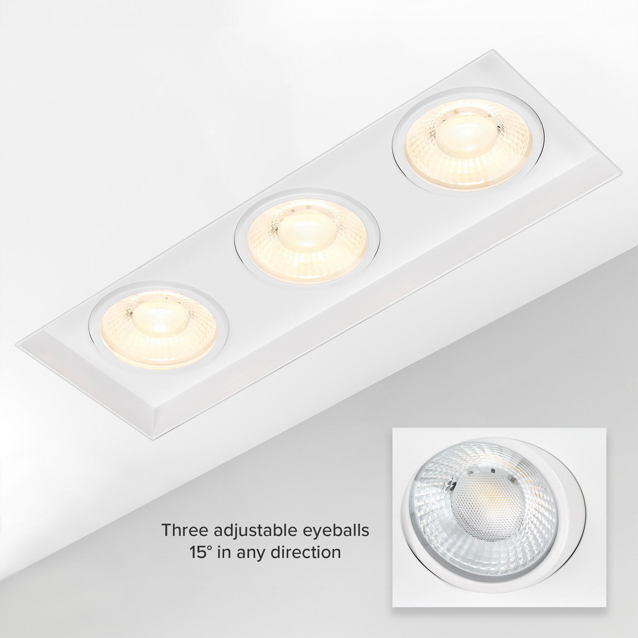 Maxxima 4 in. 3 Head Trimless LED Slim Square Recessed Anti-Glare Gimbal Downlight, White, Canless IC Rated, 3000 Lumens, 5 CCT 2700K-5000K