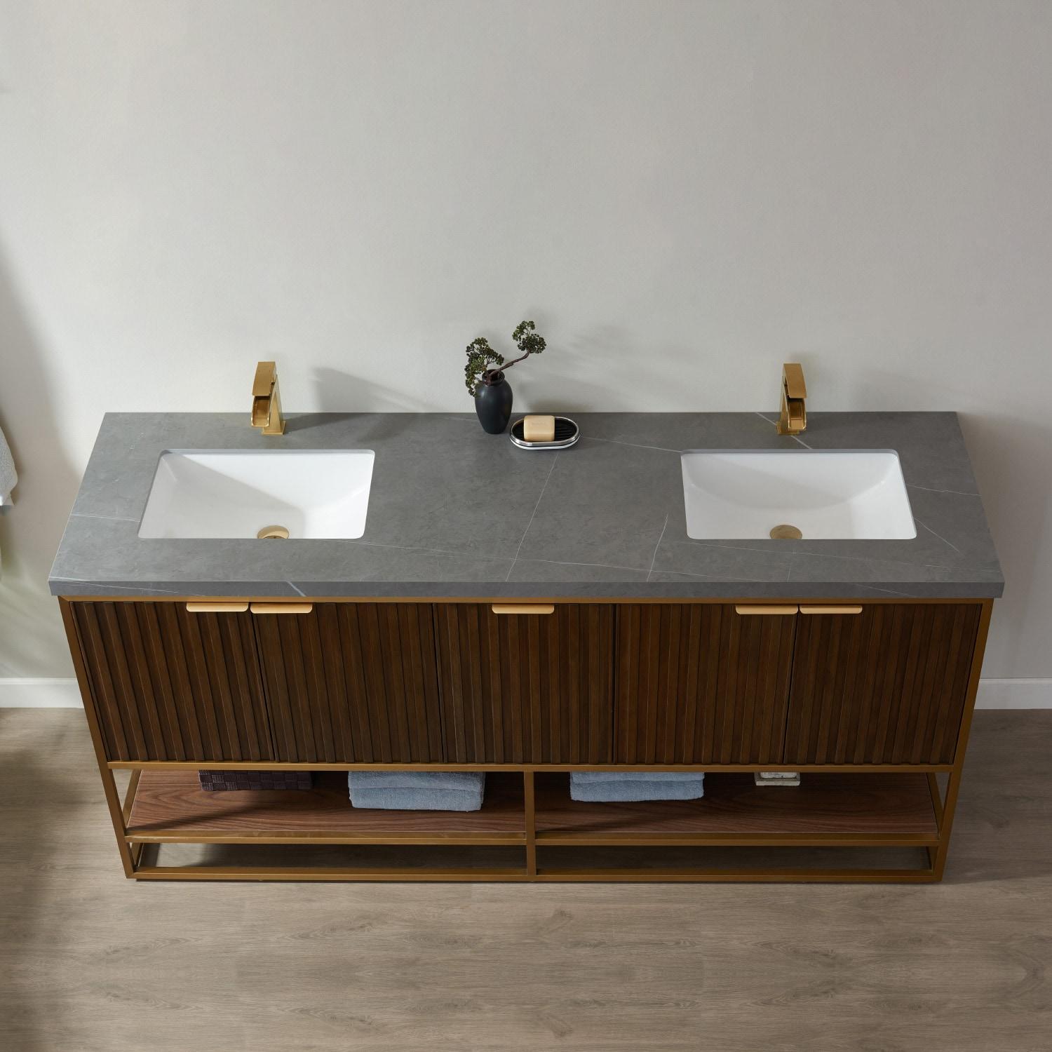 Vinnova Donostia 72" Gray Stone Top Double Vanity in Walnut No Mirror