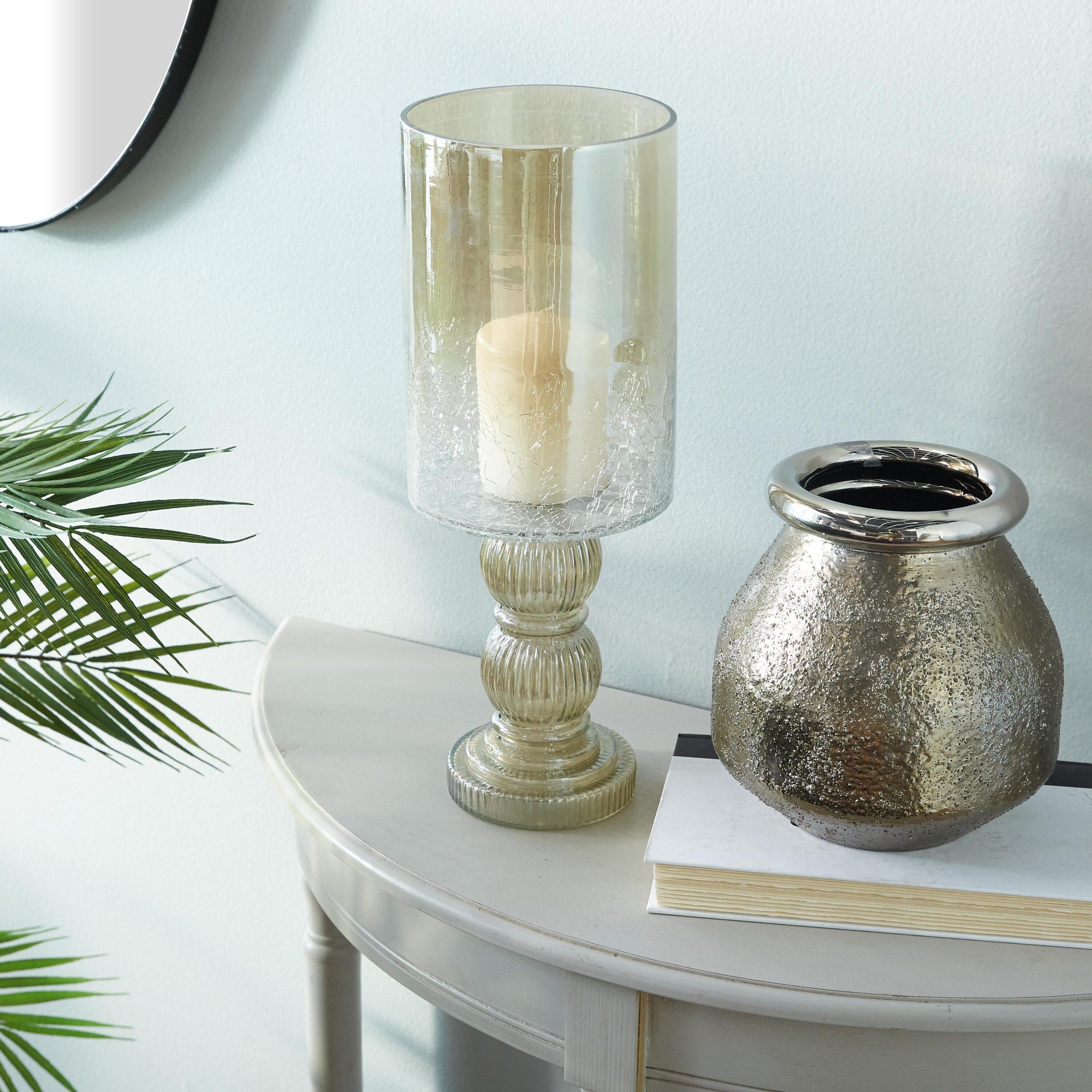 DecMode Gold Glass Handmade Turned Style Pillar Hurricane Lamp with Faux Mercury Glass Finish