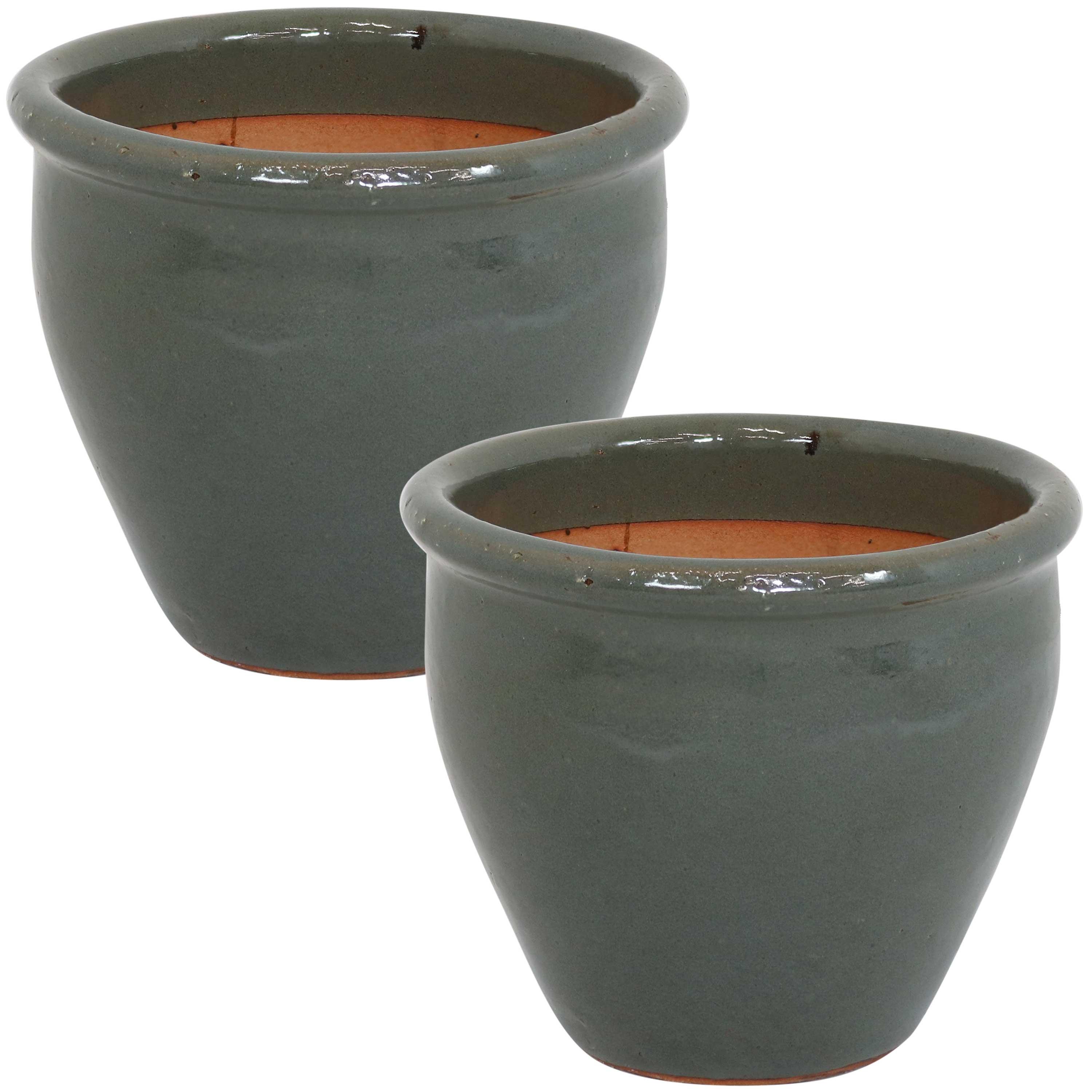 Sunnydaze Chalet High-Fired Glazed UV- and Frost-Resistant Ceramic Flower Pot Planter with Drainage Holes - 9" Diameter - Gray - 2-Pack