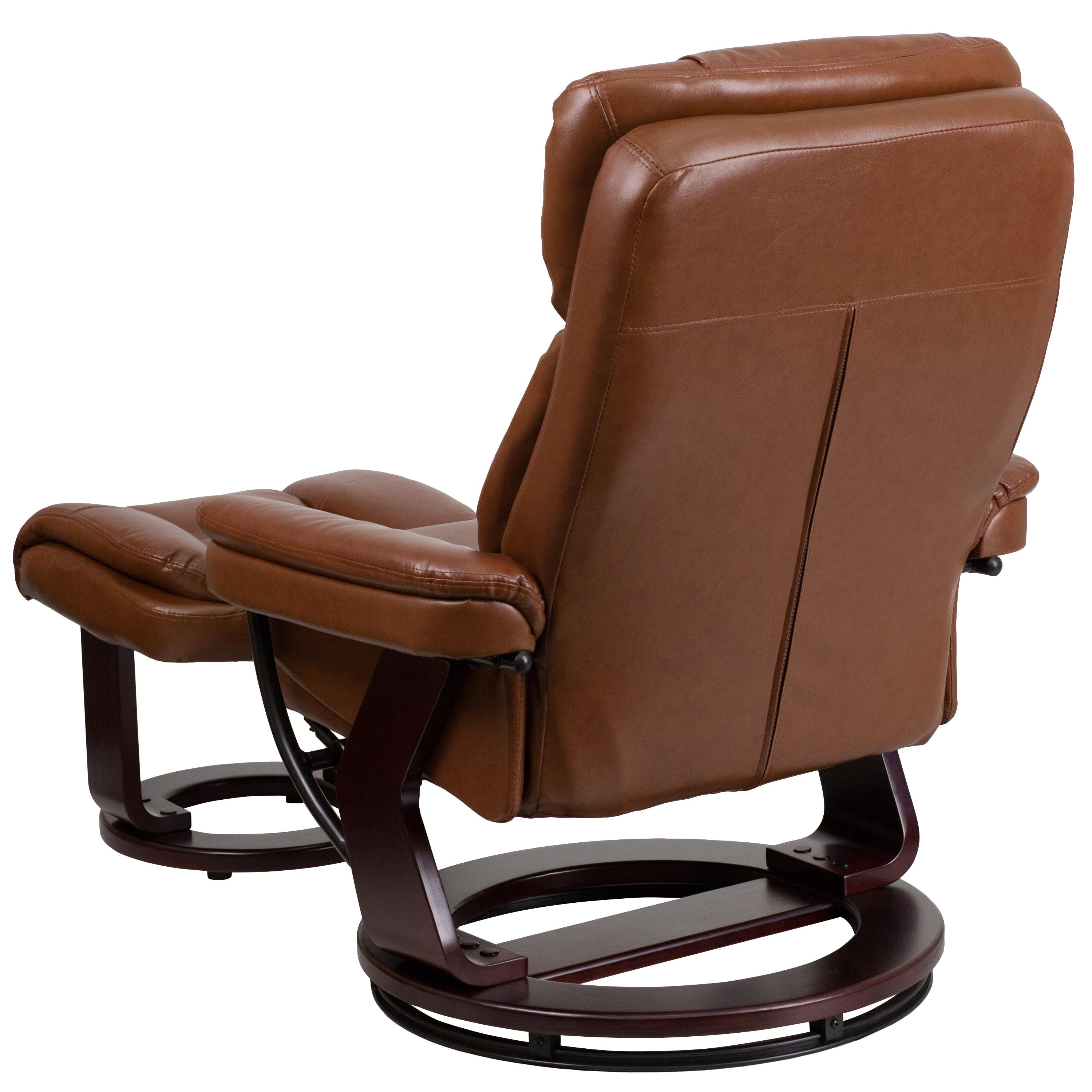 Flash Furniture Contemporary Multi-Position Recliner and Curved Ottoman with Swivel Mahogany Wood Base in Brown Vintage LeatherSoft