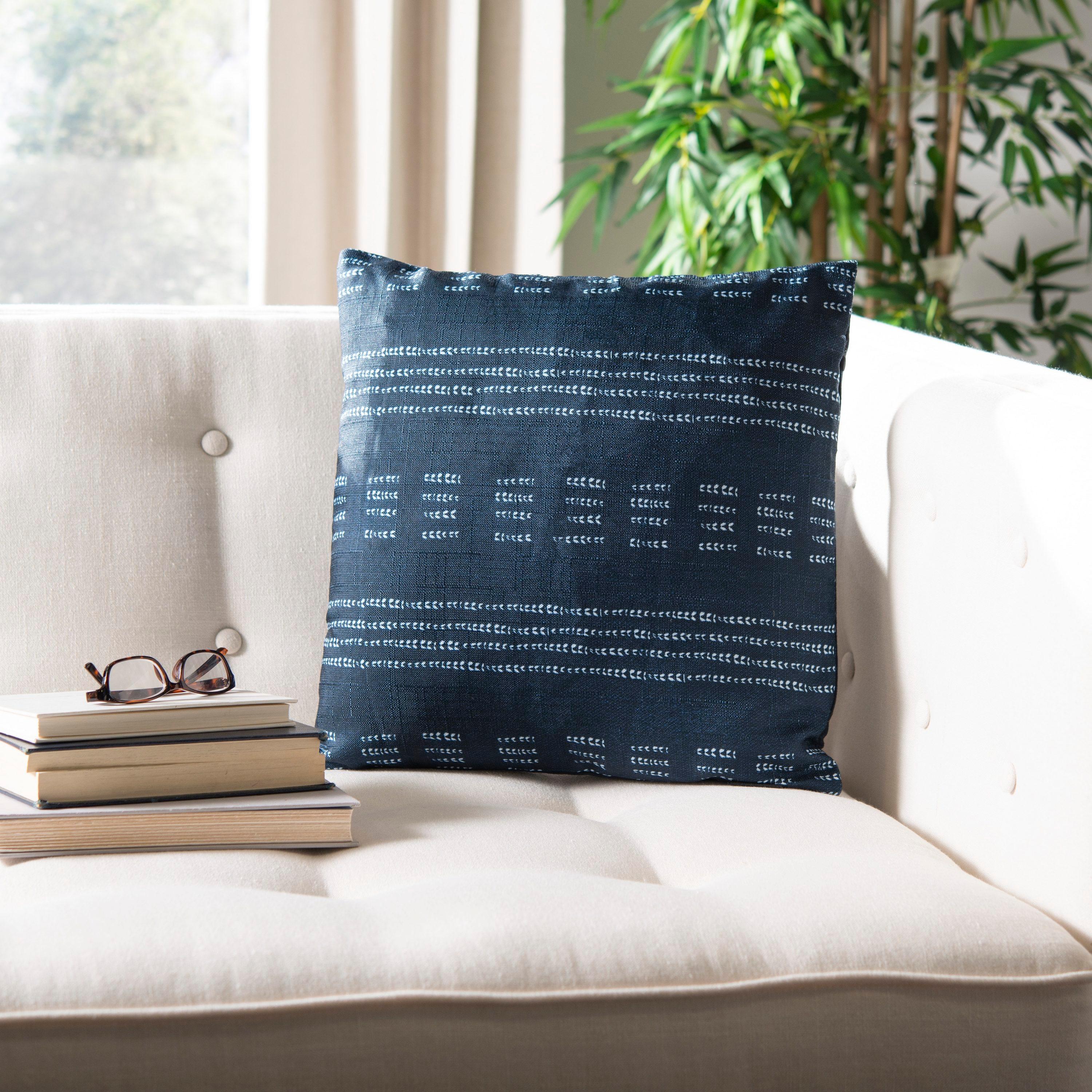 SAFAVIEH Madelyn 16" x 16" Dark Striped Plush Pillow, Deep Blue/White