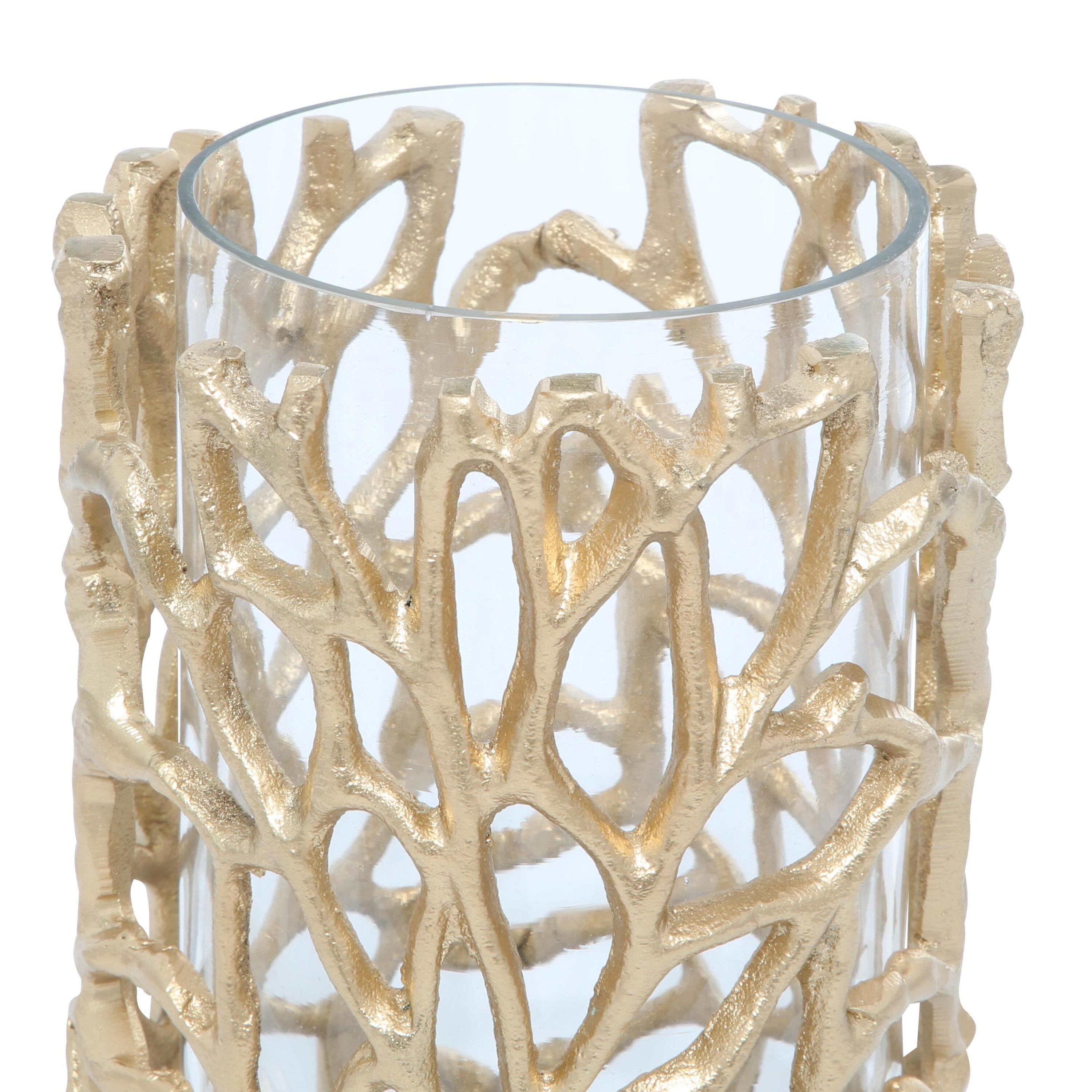 DecMode Gold Aluminum Metal Decorative Candle Lantern with Coral Pattern