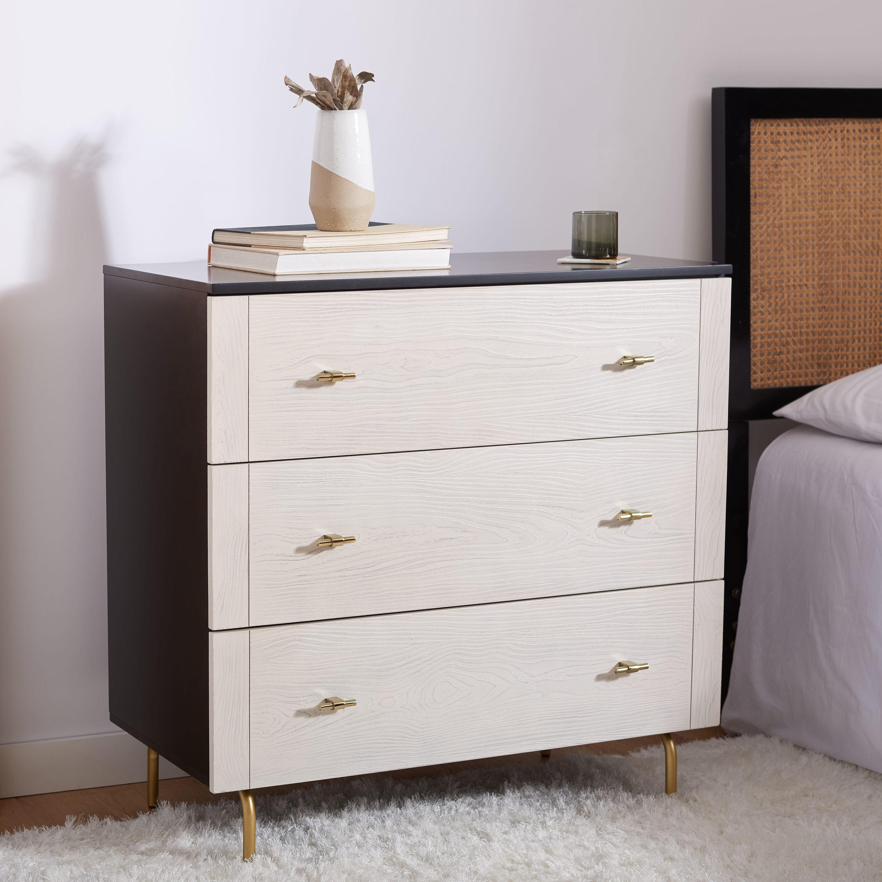 SAFAVIEH Genevieve Mid-Century Retro 3 Drawer Dresser, Black/White Washed (36 in. W x 18 in. D x 36 in. H)