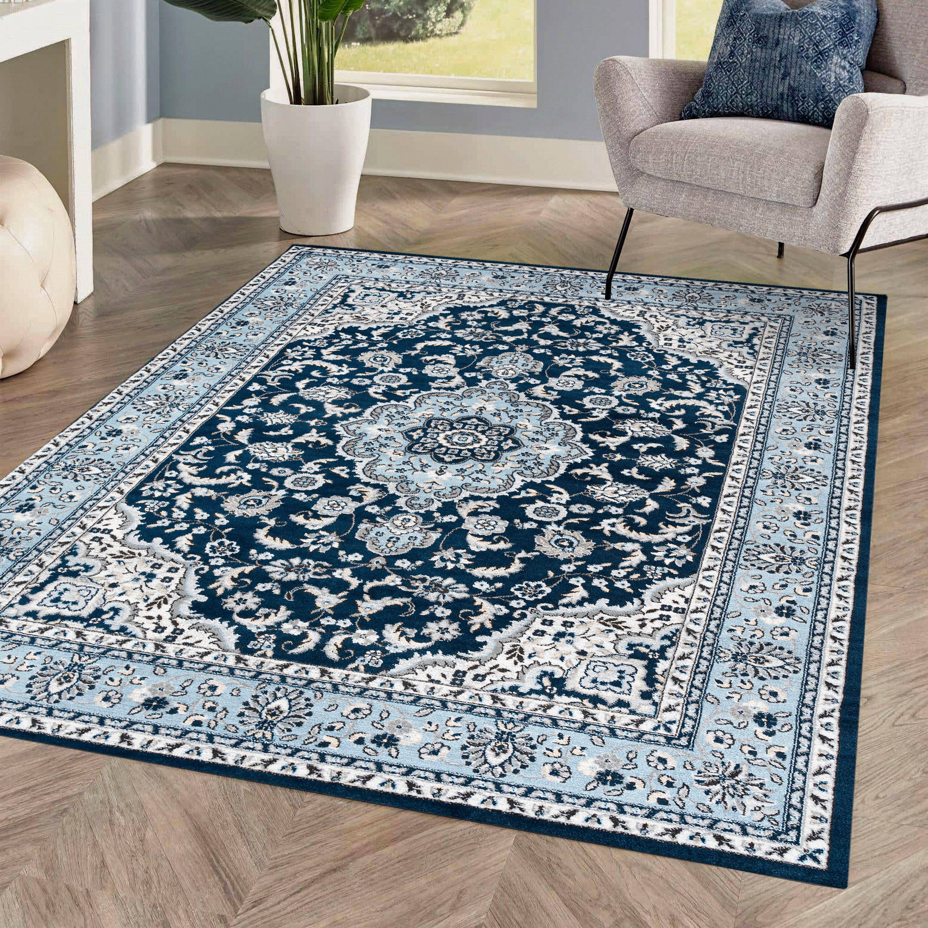 3'x 5' Palmette Modern Persian Floral Area Rug, Navy/Blue - JONATHAN Y