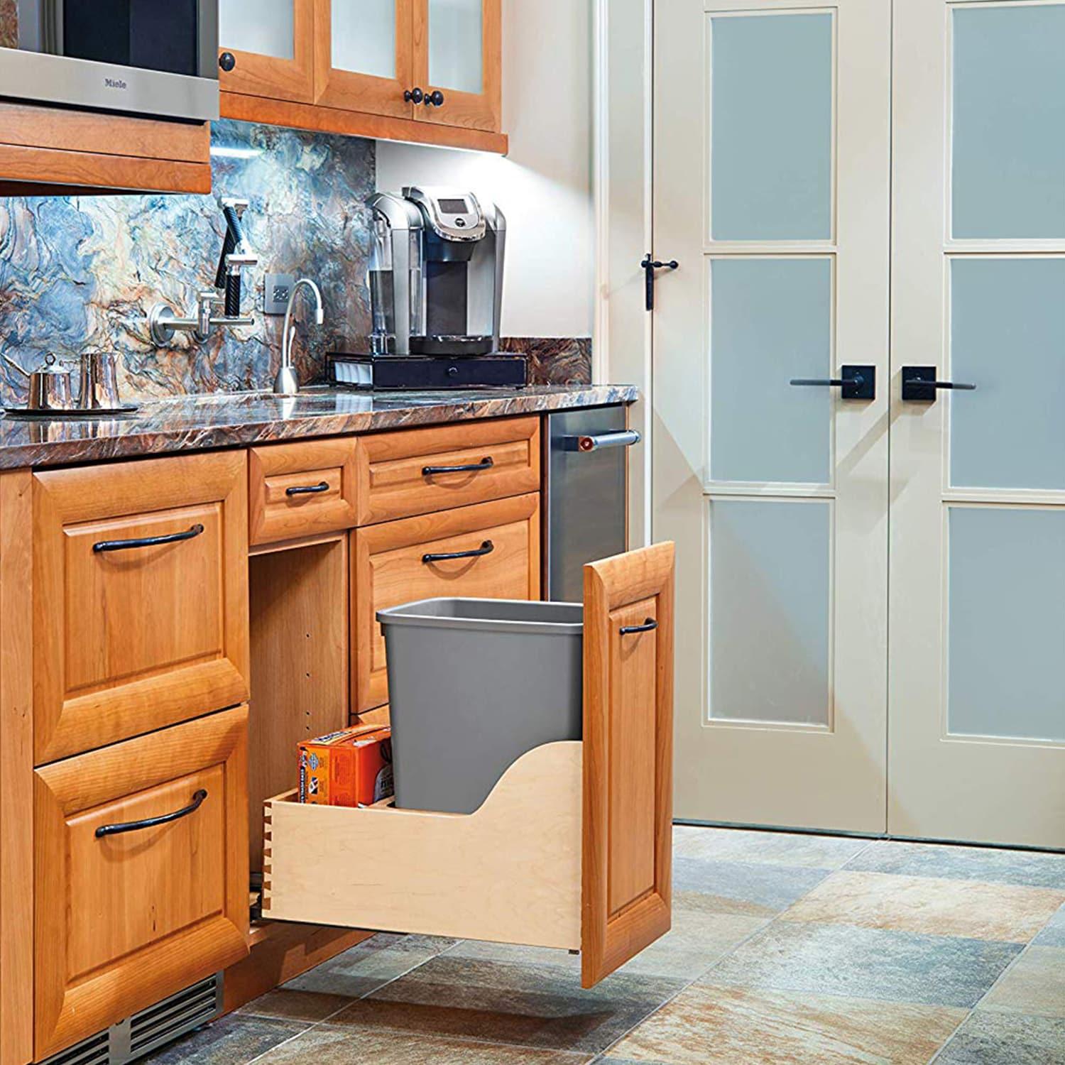 Rev-A-Shelf Pullout Trash Can for Kitchen Cabinets 35 Qt 8.75 Gal Bottom Mounted, Rear Storage, Undermount Soft-Close Slides, Silver, 4WCSC-1535DM-1