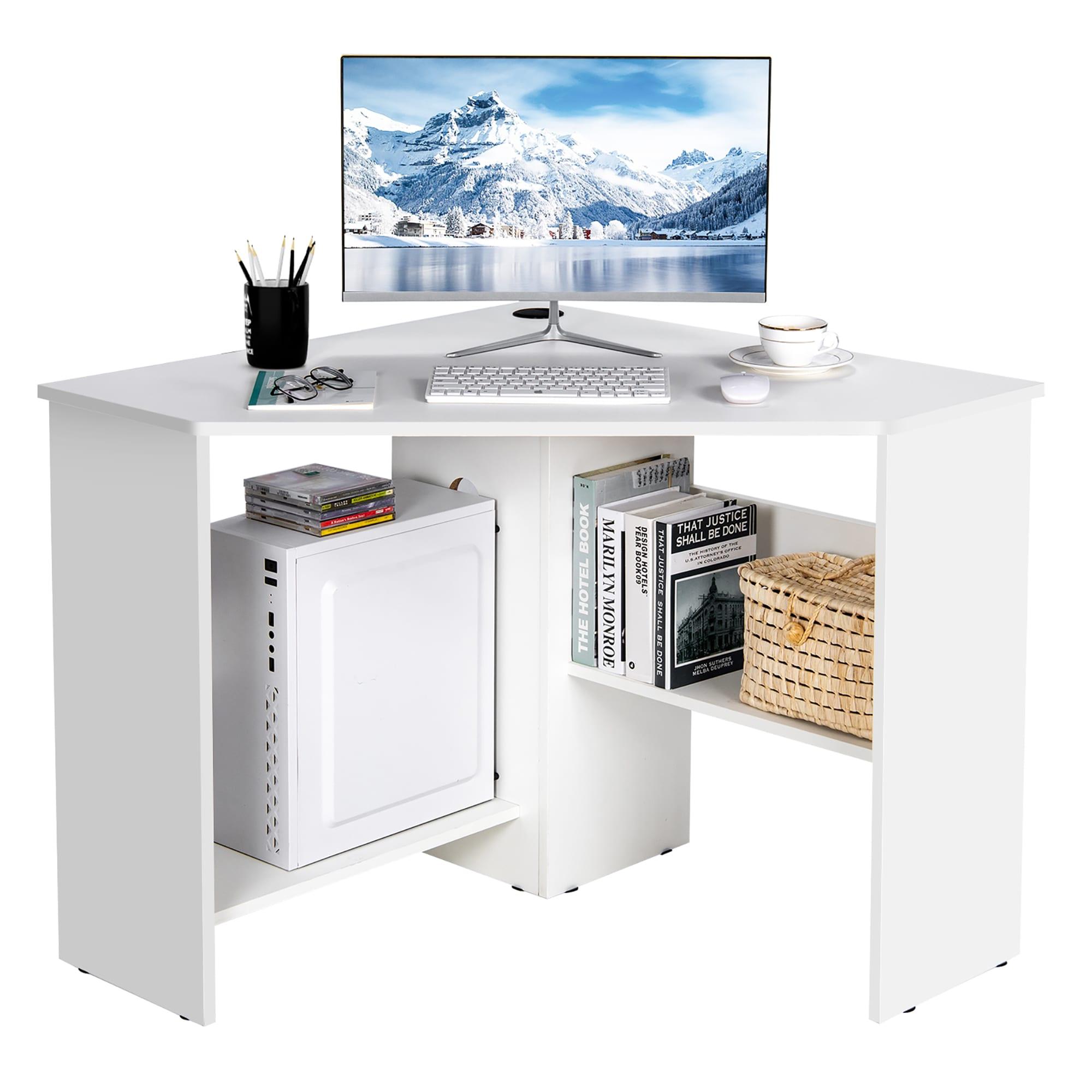 Costway Corner Computer Desk Triangle Writing Workstation w/ Storage Shelf White