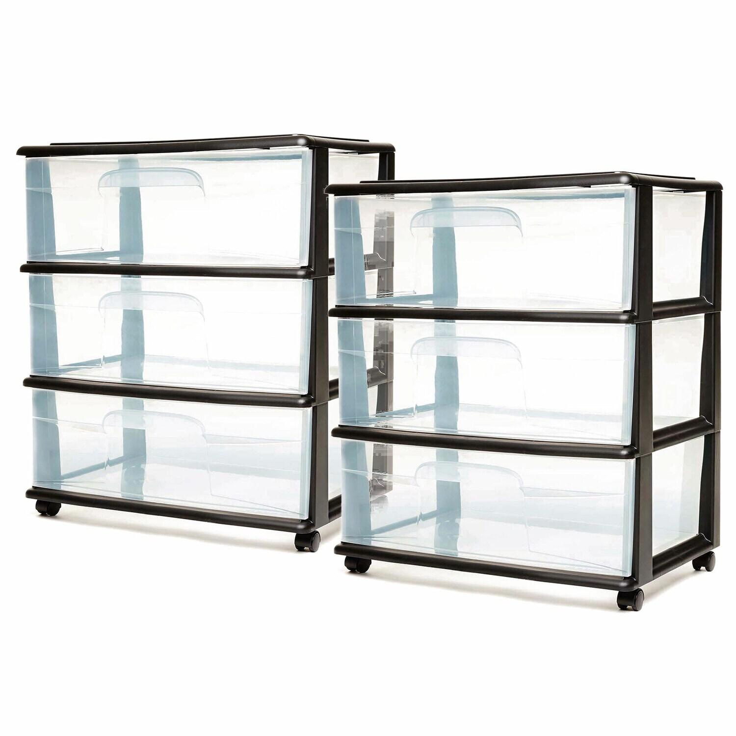 Homz Homz Tall Solid Plastic 3 Drawer Storage Cart with Wheels (Set of 2)