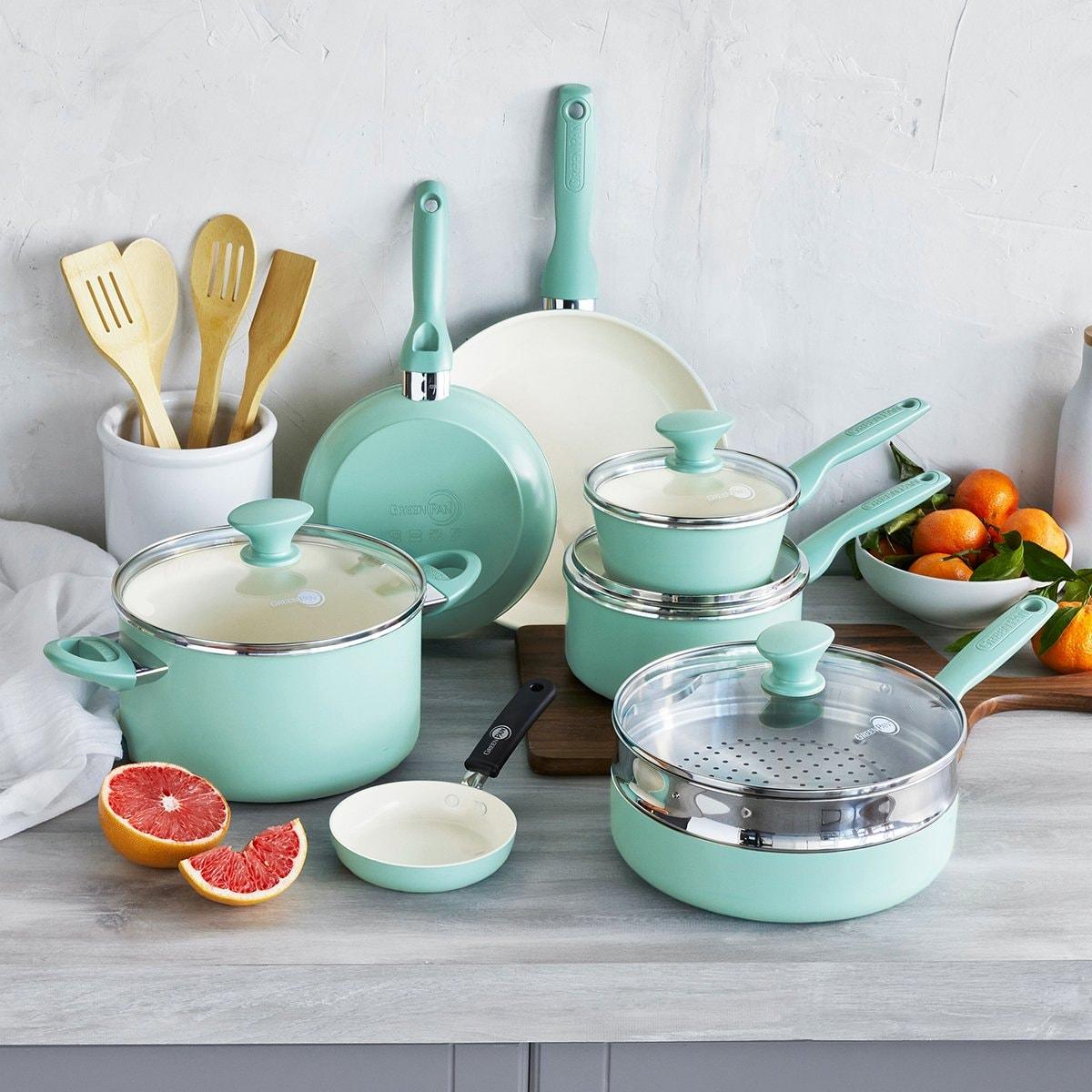 GreenPan GreenPan Rio Healthy Ceramic Nonstick 16 Piece Cookware Pots and Pans Set, PFAS-Free, Dishwasher Safe