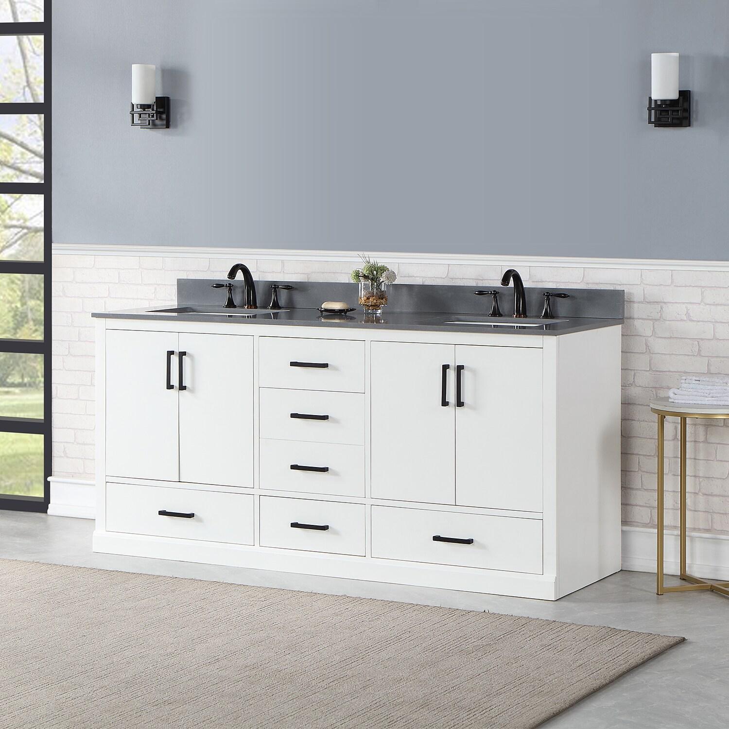 Monna 72" Double Bathroom Vanity Set in White with Concrete Grey Composite Stone Countertop without Mirror