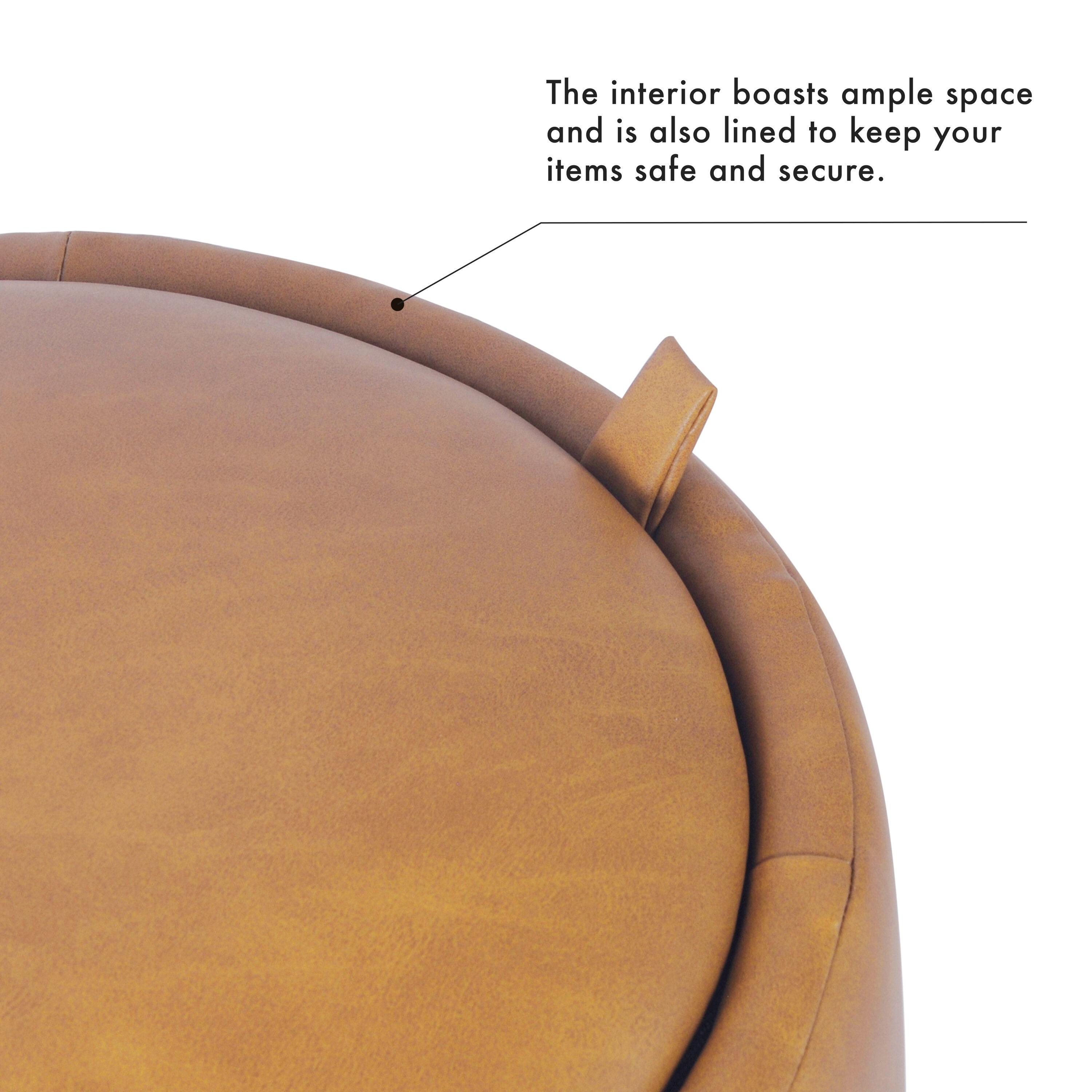 HomePop Storage Round Ottoman Caramel: Upholstered Vanity Stool, Footrest with MDF Frame
