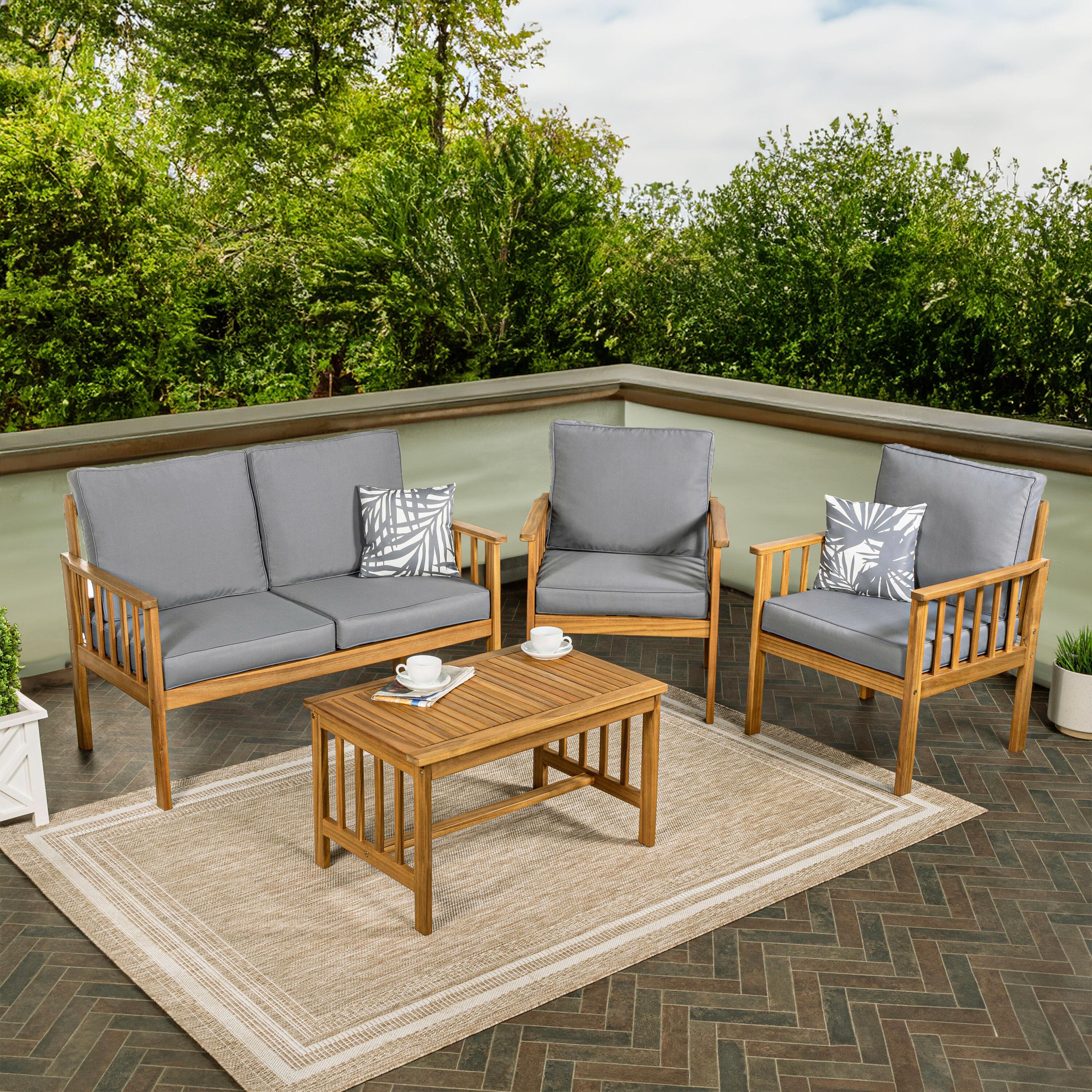Everly 4-Piece Modern Cottage Acacia Wood Outdoor Patio Set with Cushions and Tropical Decorative Pillows, Gray/Teak Brown - JONATHAN Y
