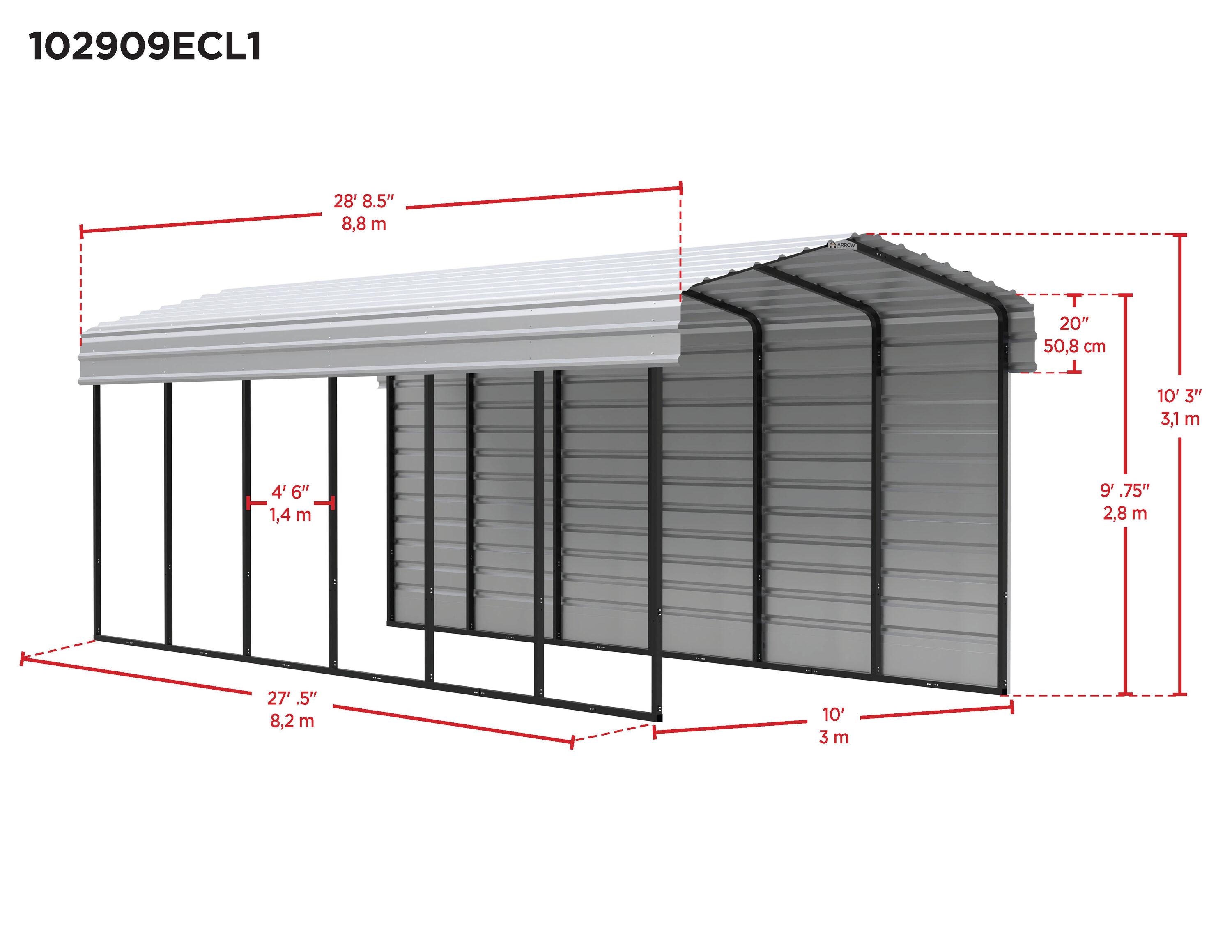 Arrow Arrow Steel Carport with 1 Side Wall Kit, 10x29x09