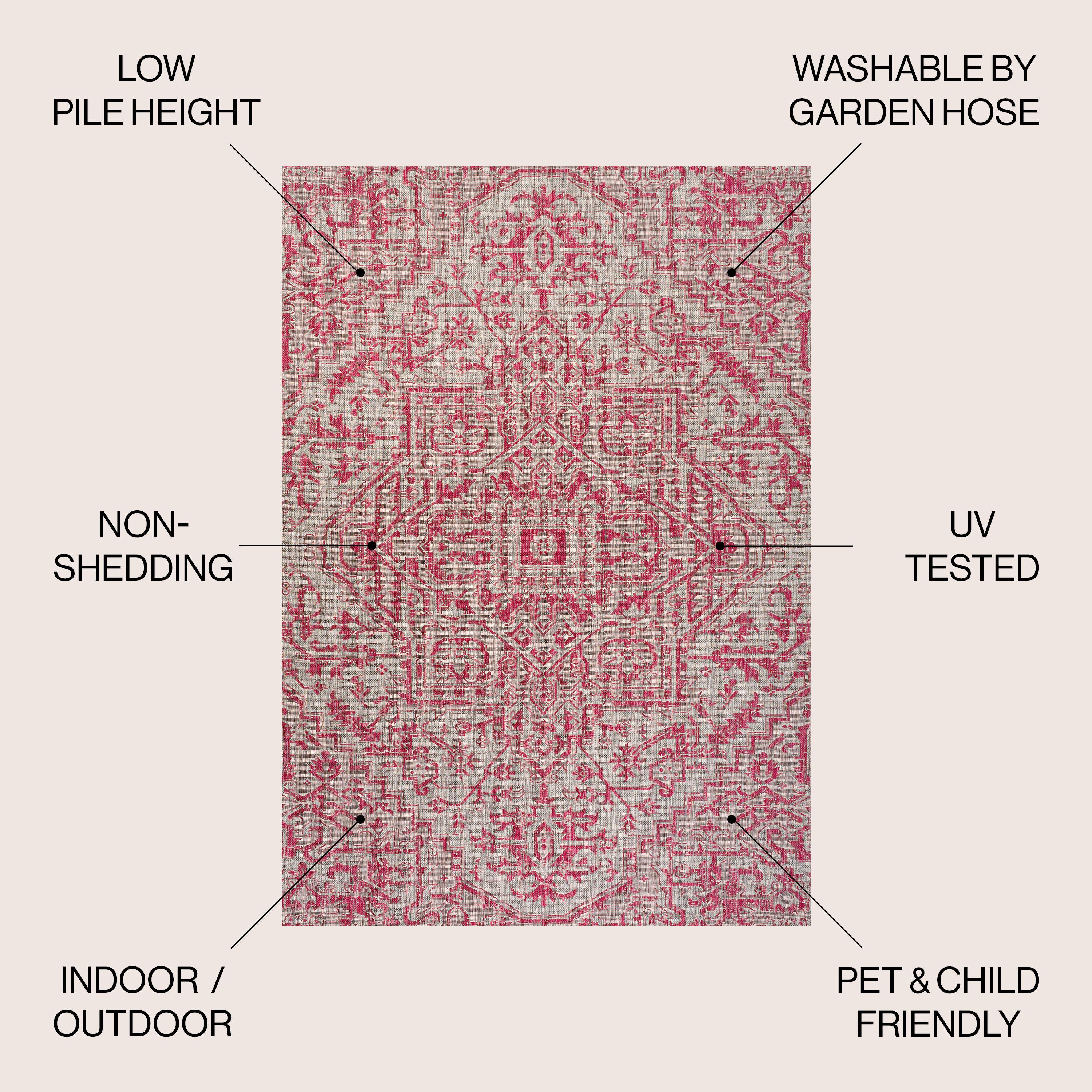 4' x 6' Estrella Bohemian Medallion Textured Weave Indoor/Outdoor Area Rug, Light Gray/Fuchsia - JONATHAN Y