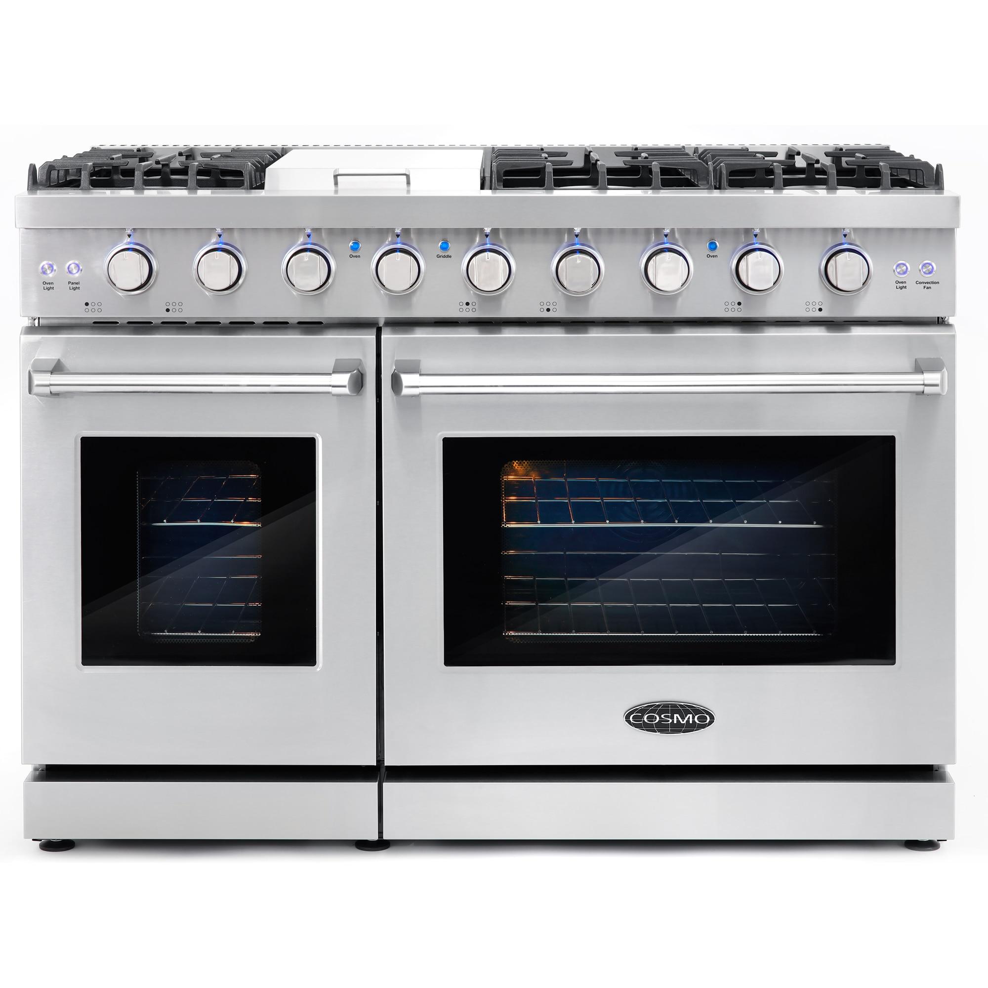 Cosmo 48 in. Haven Collection 6.8 cu. ft. Double Oven Gas Range, 6 Burners, Griddle, Convection, Knob LEDs, Stainless Steel