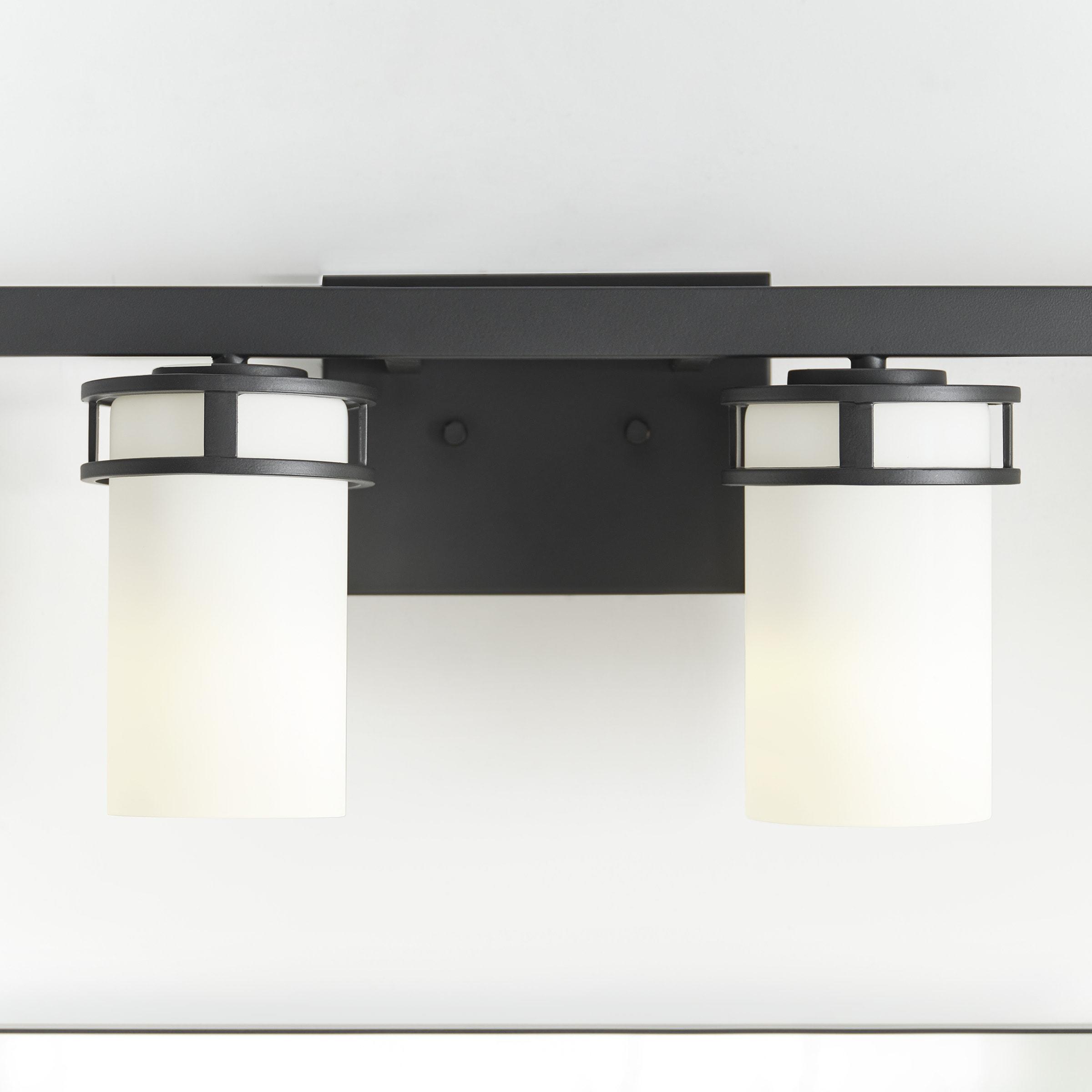 Robie 34 in. 4-Light Matte Black Transitional Rustic Wall Bathroom Vanity Light with Etched White Glass Shades