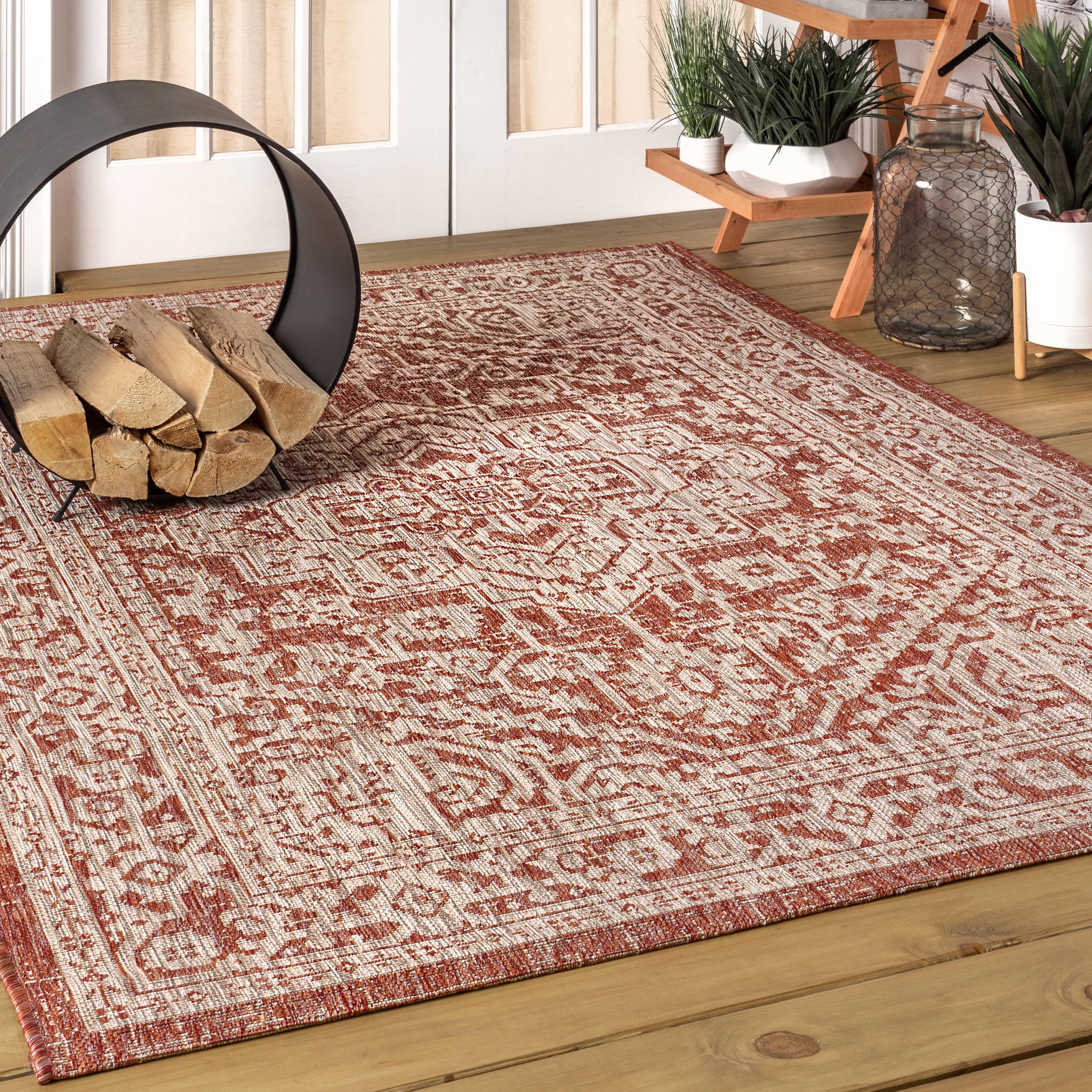 8'x10' Sinjuri Medallion Textured Weave Indoor/Outdoor Area Rug, Red/Taupe - JONATHAN Y