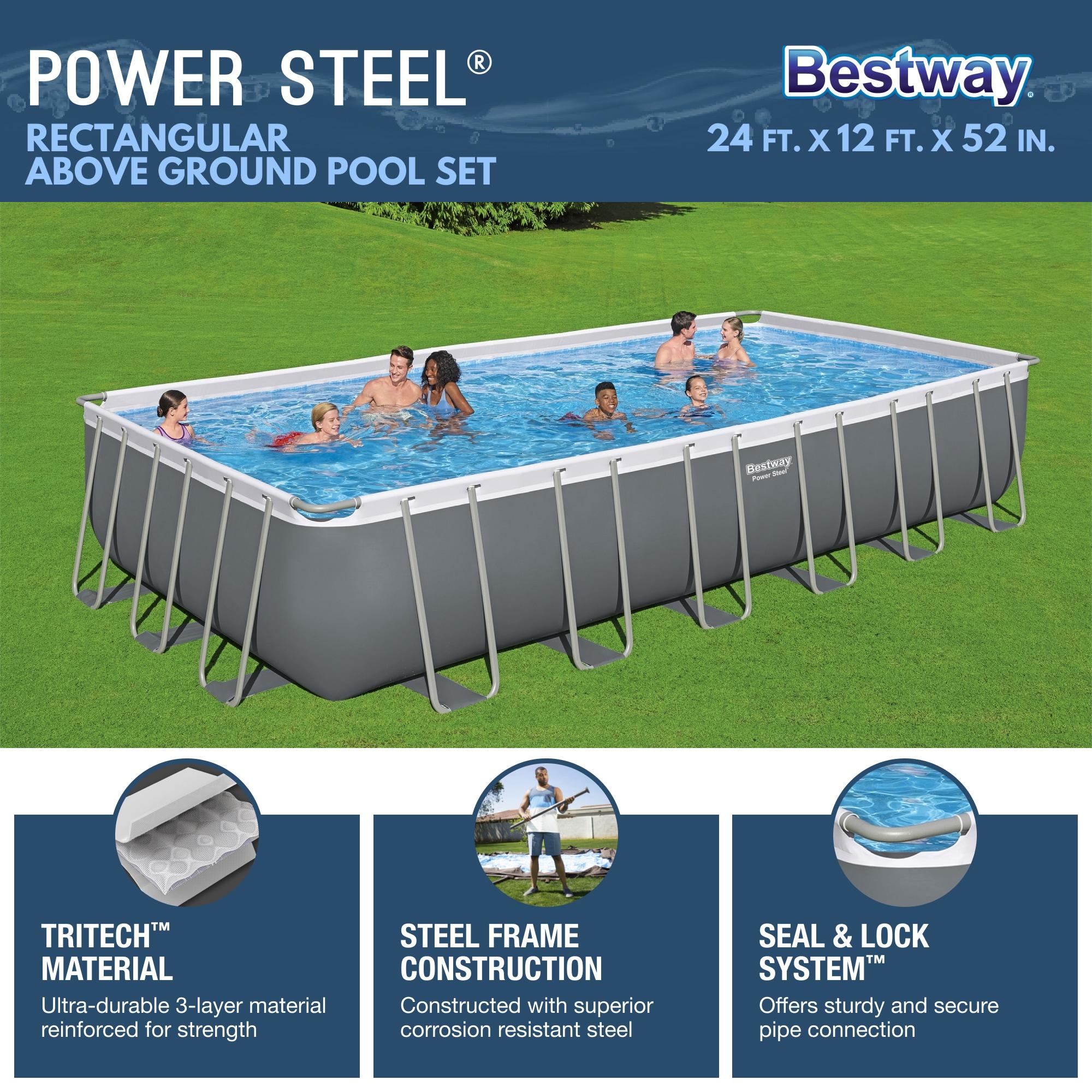 Bestway 24-ft x 12-ft x 52-in Metal frame Rectangle Above-Ground Pool with Filter Pump with Pool Cover with Ladder