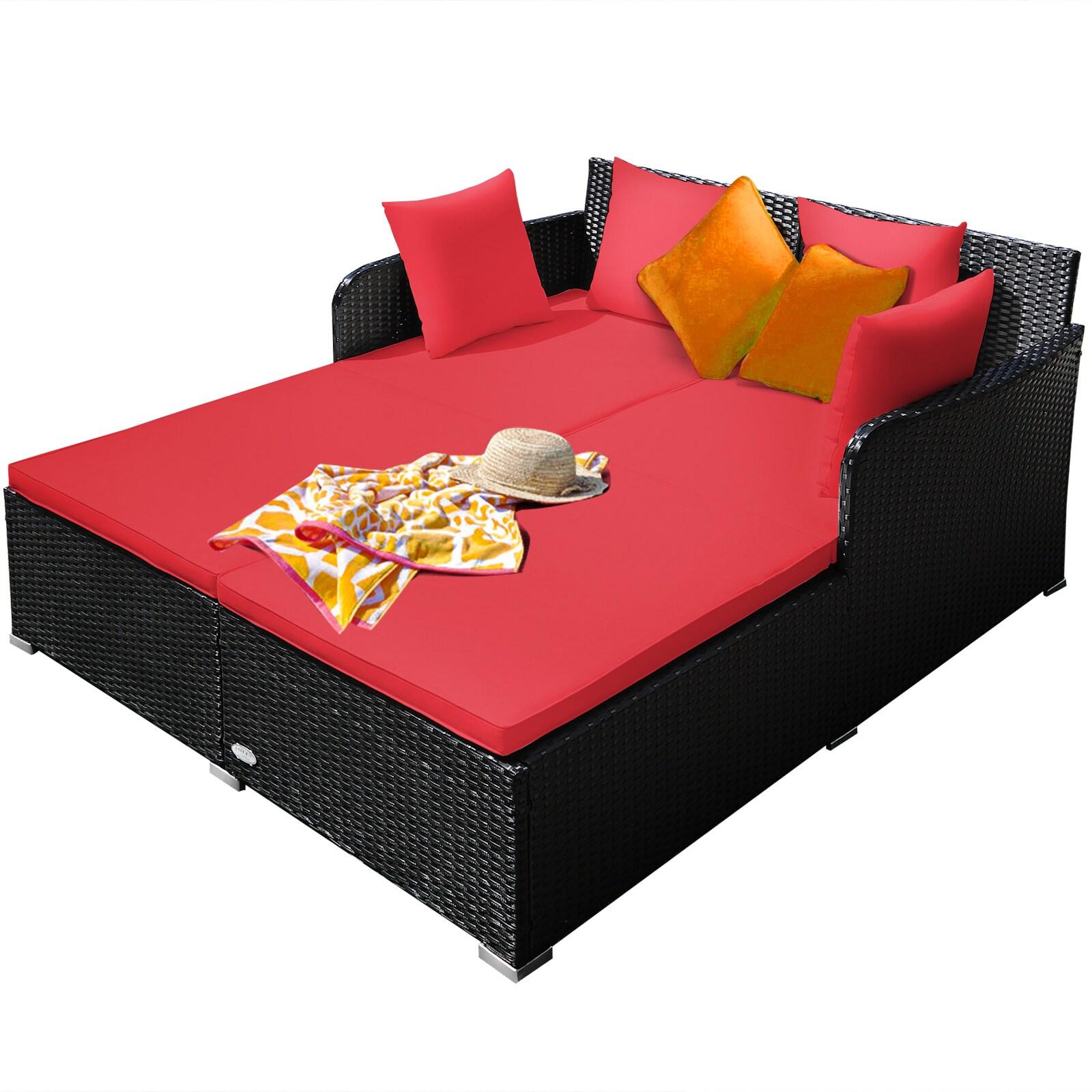 Costway Outdoor Patio Rattan Daybed Thick Pillows Cushioned Sofa Furniture Red