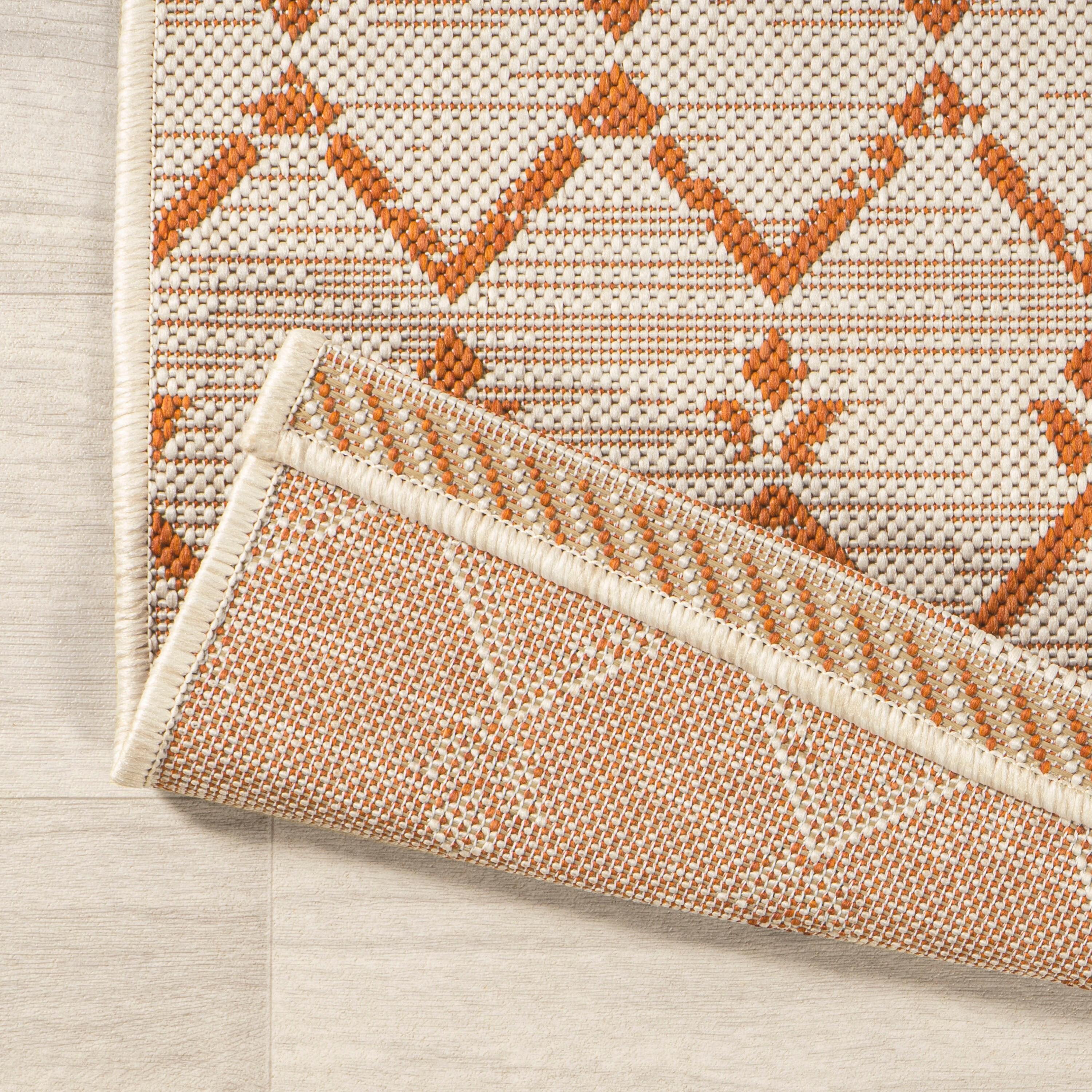 2' x 10' Ourika Moroccan Geometric Textured Weave Indoor/Outdoor Runner Rug, Cream/Orange - JONATHAN Y