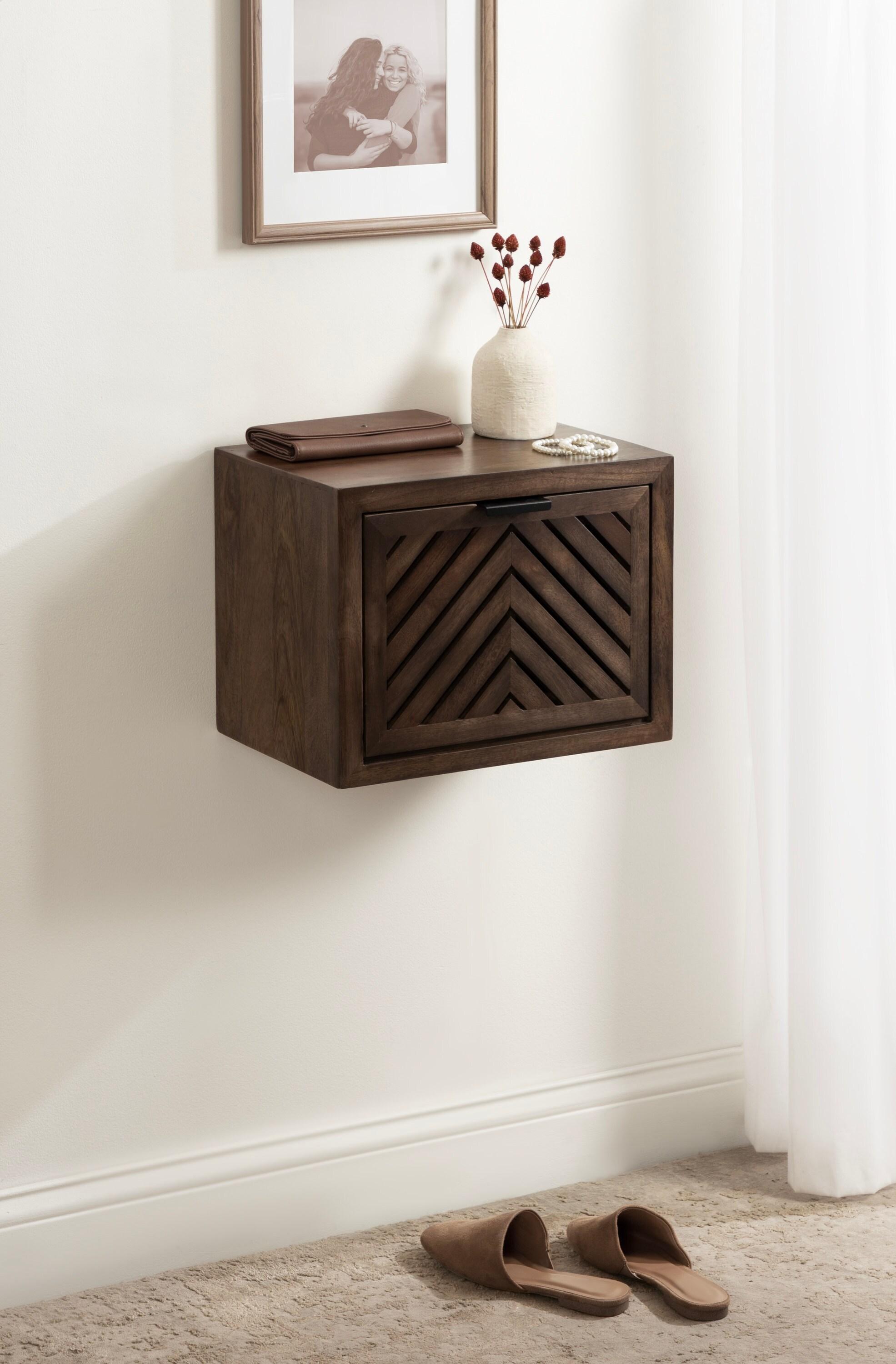 Kate and Laurel Mezzeta Modern Floating Shelf Side Table with Storage Cubby, 16 x 10 x 12, Natural Wood, Decorative Slatted Wood Floating Nightstand with Pull Down Door for Use as Bathroom Storage