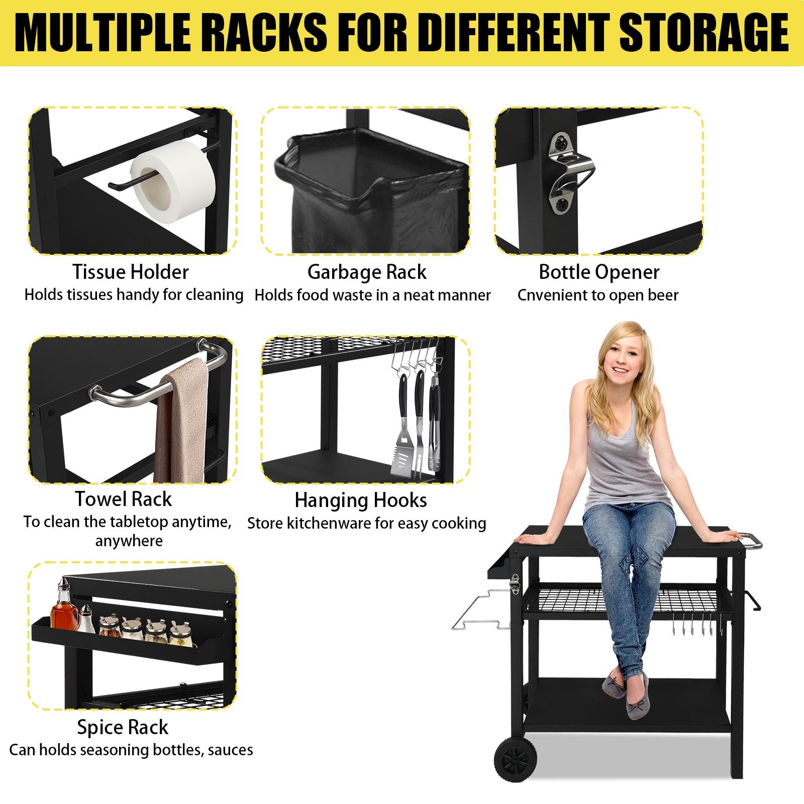 Ktaxon Grill Cart Grill Table Movable Dining Cart Preparation Work Table w/ Wheels & Hooks, Black