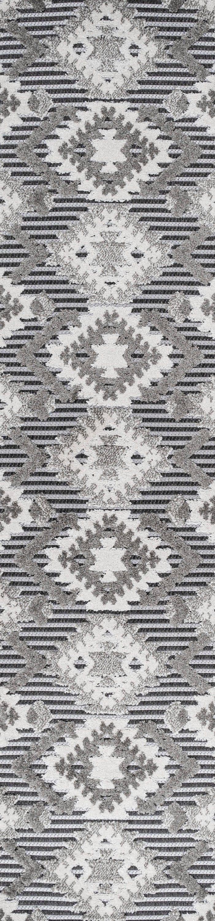 2'x10' Sumak High-Low Pile Neutral Diamond Kilim Indoor/Outdoor Runner Rug, Gray/White/Black - JONATHAN Y
