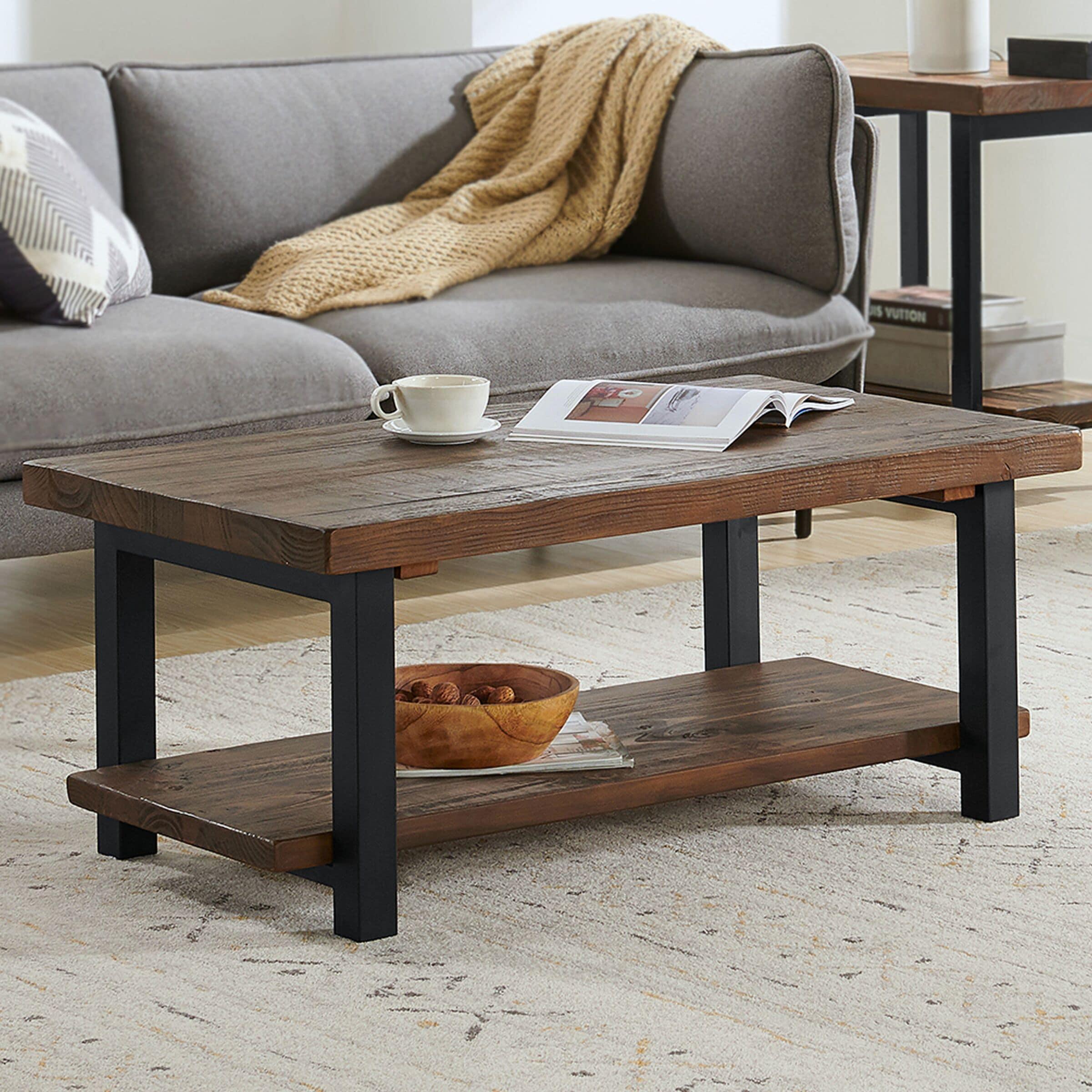 Alaterre Furniture 42" Pomona Wide Coffee Table Wood Rustic Natural: Fixed Shelf, Metal Frame, Living Room Furniture