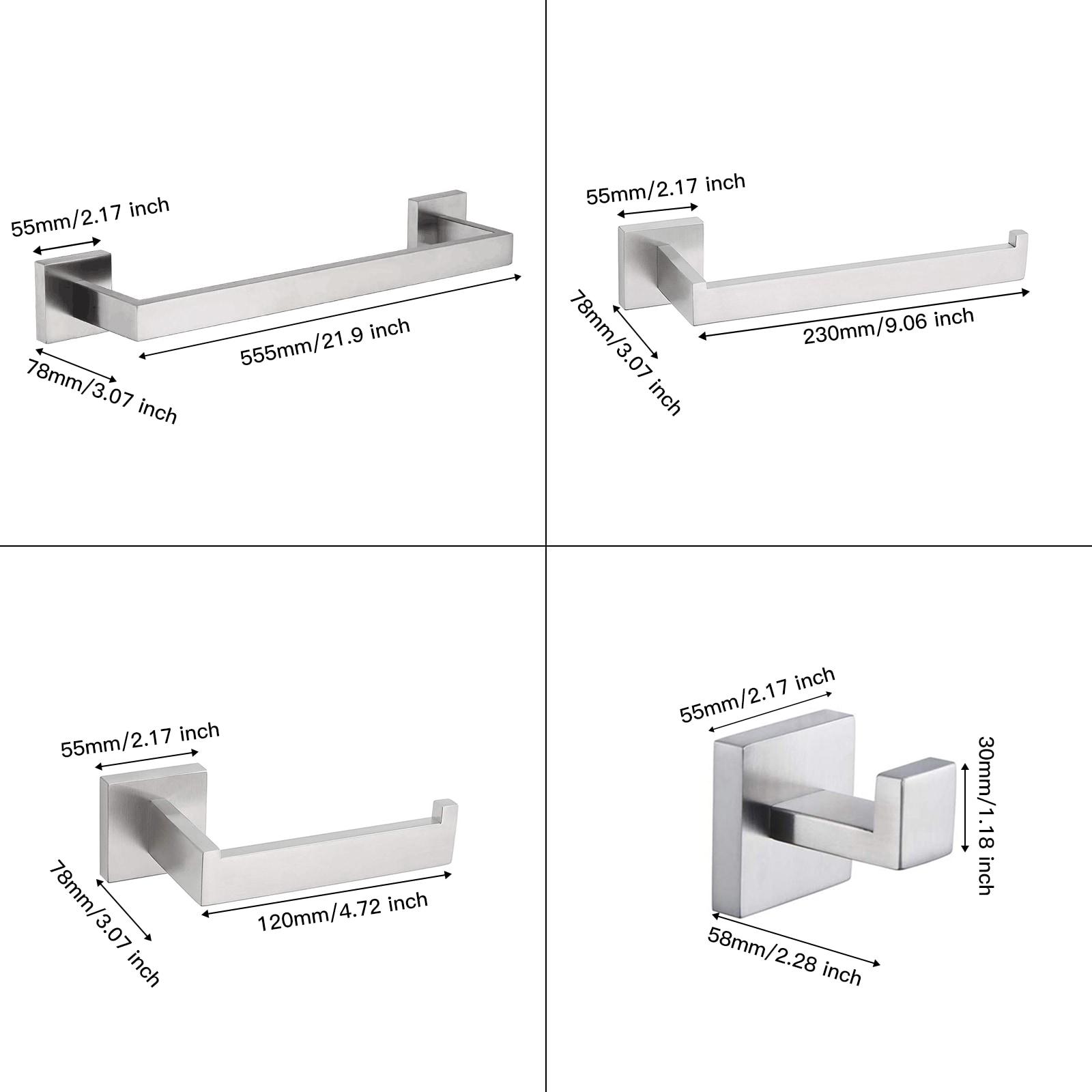 BWE 4-Piece Bath Hardware Set with Towel Bar Hand Towel Holder Toilet Paper Holder Towel Hook Square