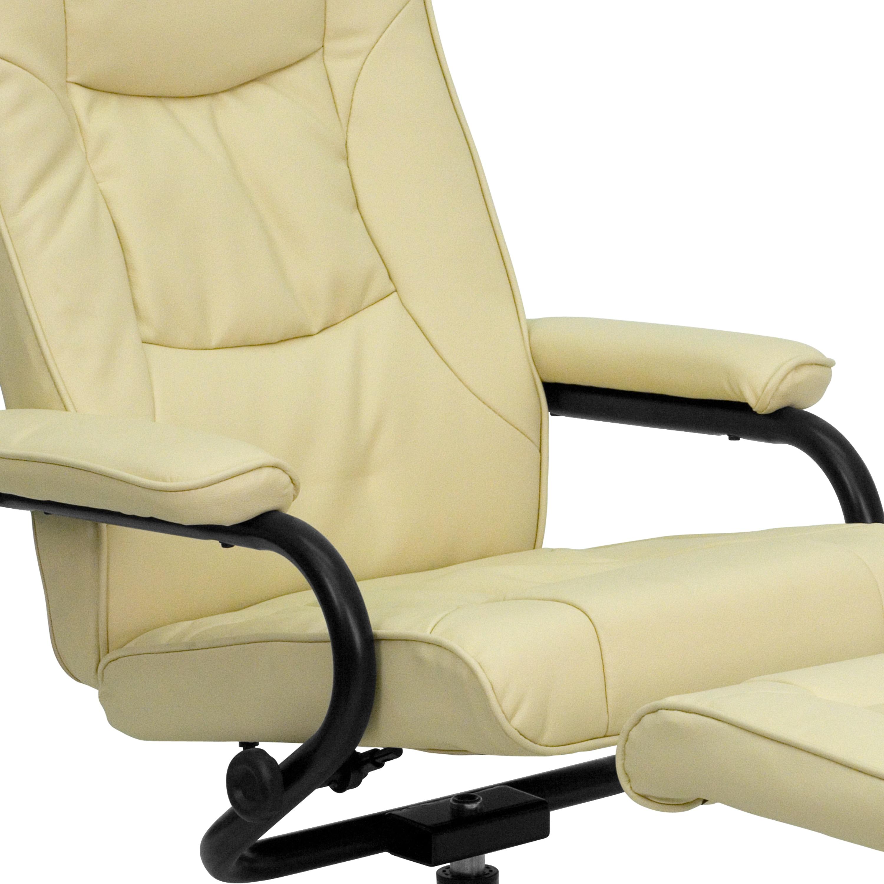 BizChair Contemporary Multi-Position Recliner and Ottoman with Wrapped Base in Cream LeatherSoft