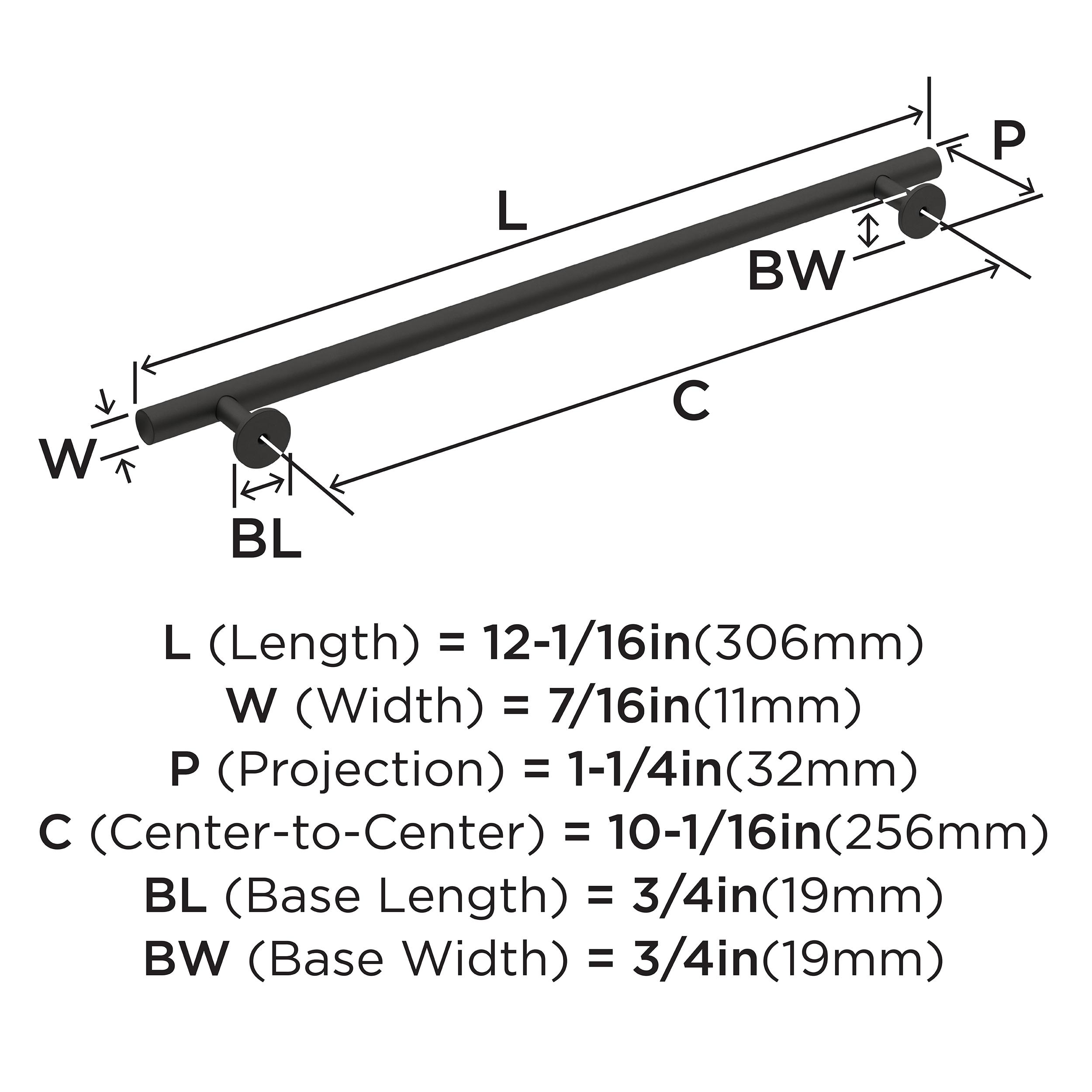 Amerock Radius 10-1/16 inch (256mm) Center-to-Center Matte Black Cabinet Pull