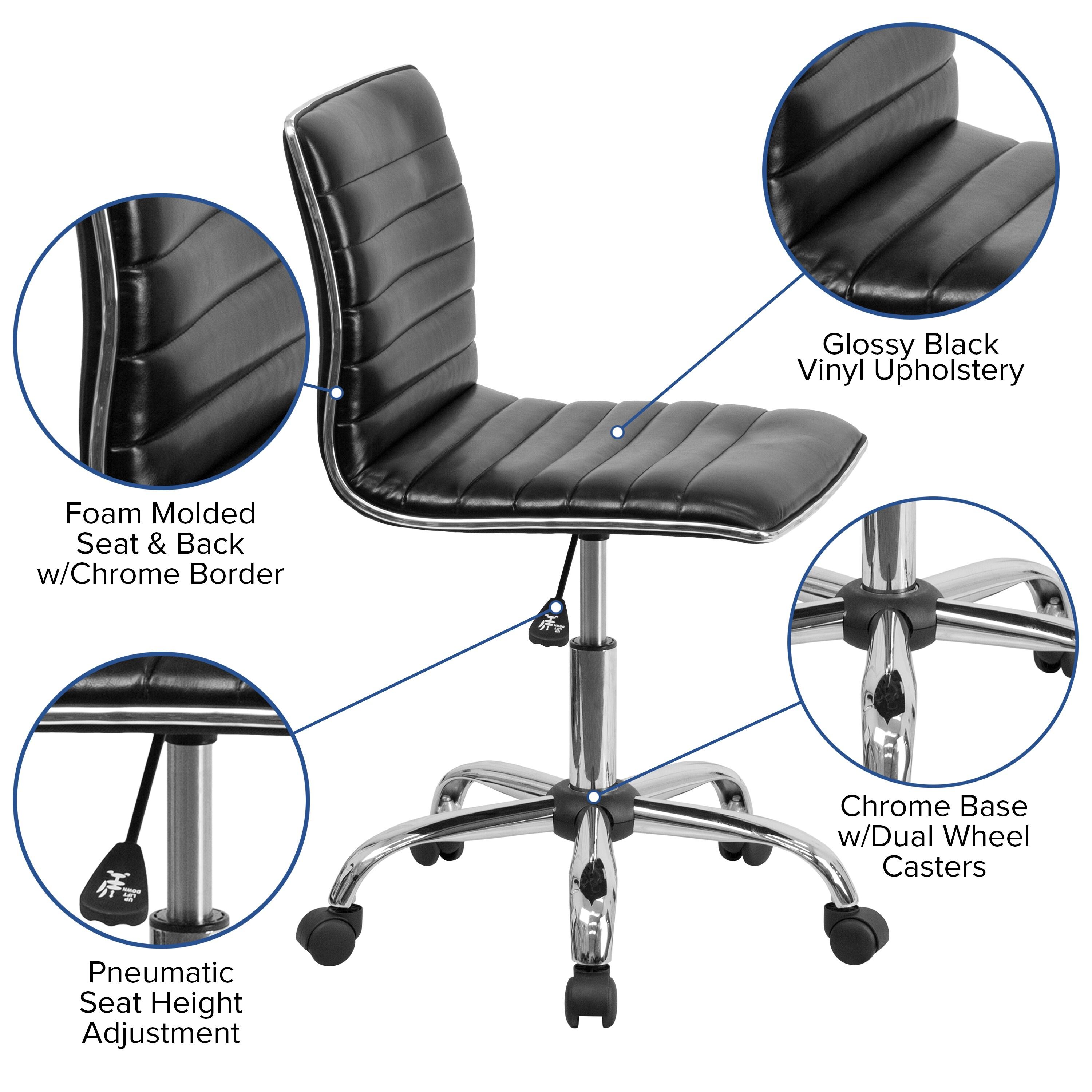 QueelQuest Adjustable Task Chair PU Leather Low Back Ribbed Armless Swivel Black Desk Chair Office Chair Wheels (Black)