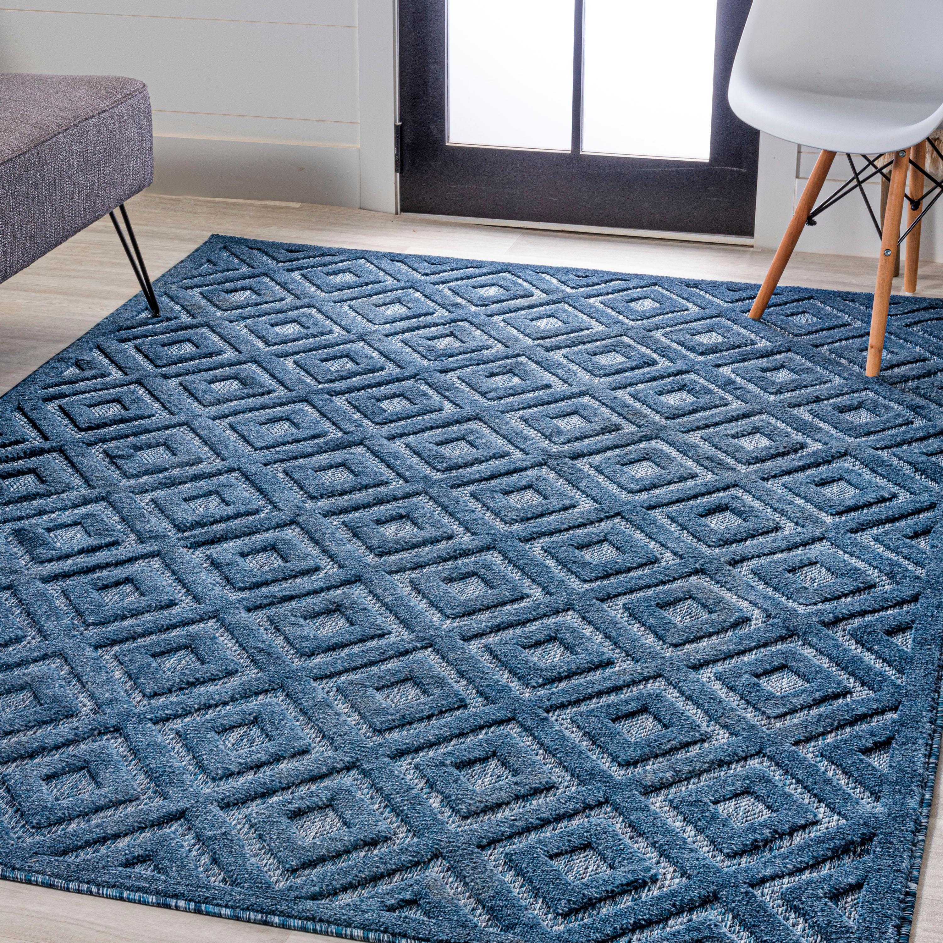 5'x8' Portmany Neutral Diamond Trellis Indoor/Outdoor Area Rug, Navy - JONATHAN Y