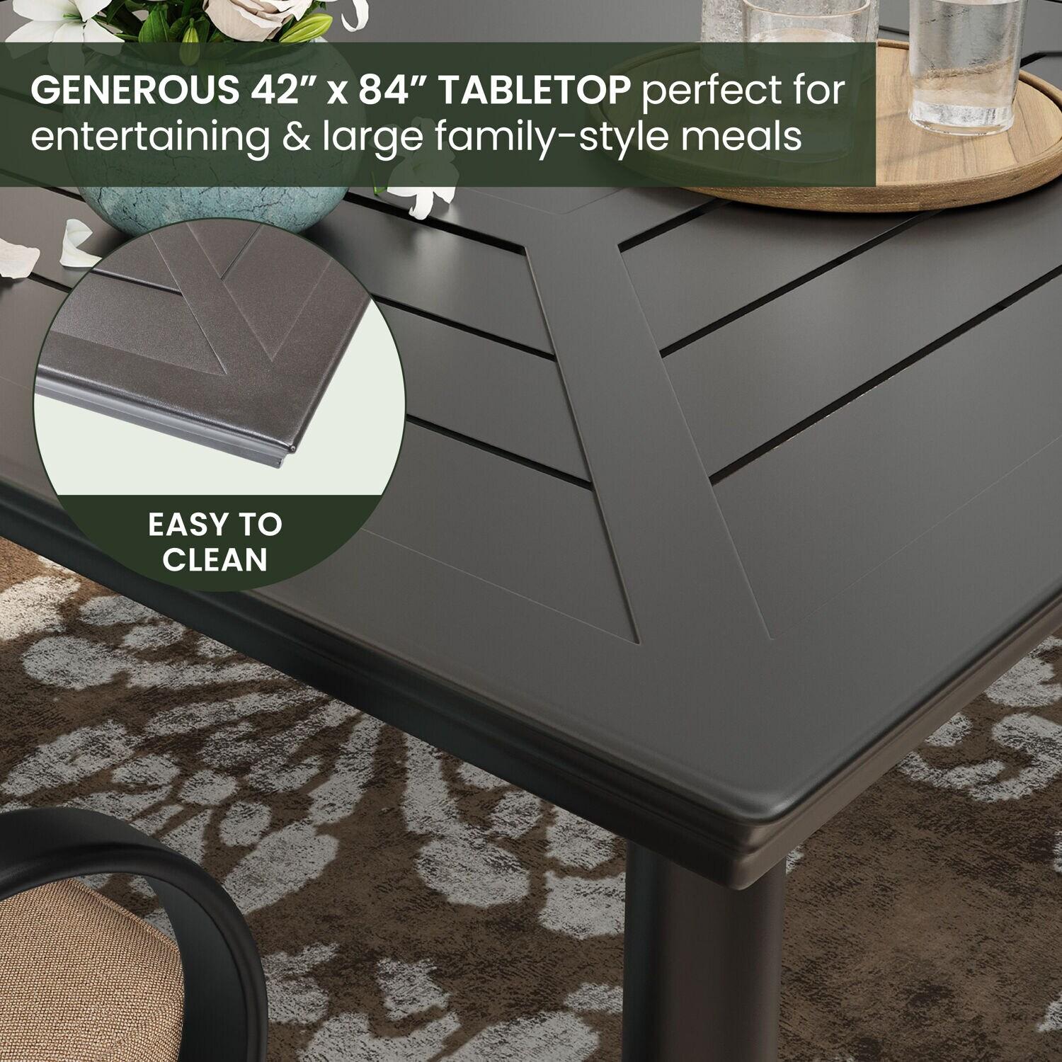 Hanover Montclair 9-Piece All-Weather Outdoor Patio Dining Set, 8 Swivel Rocker Chairs with Comfortable Seat and Lumbar Cushions, 84"x42" Stamped Rectangle Table, MCLRDN9PCSW8-TAN