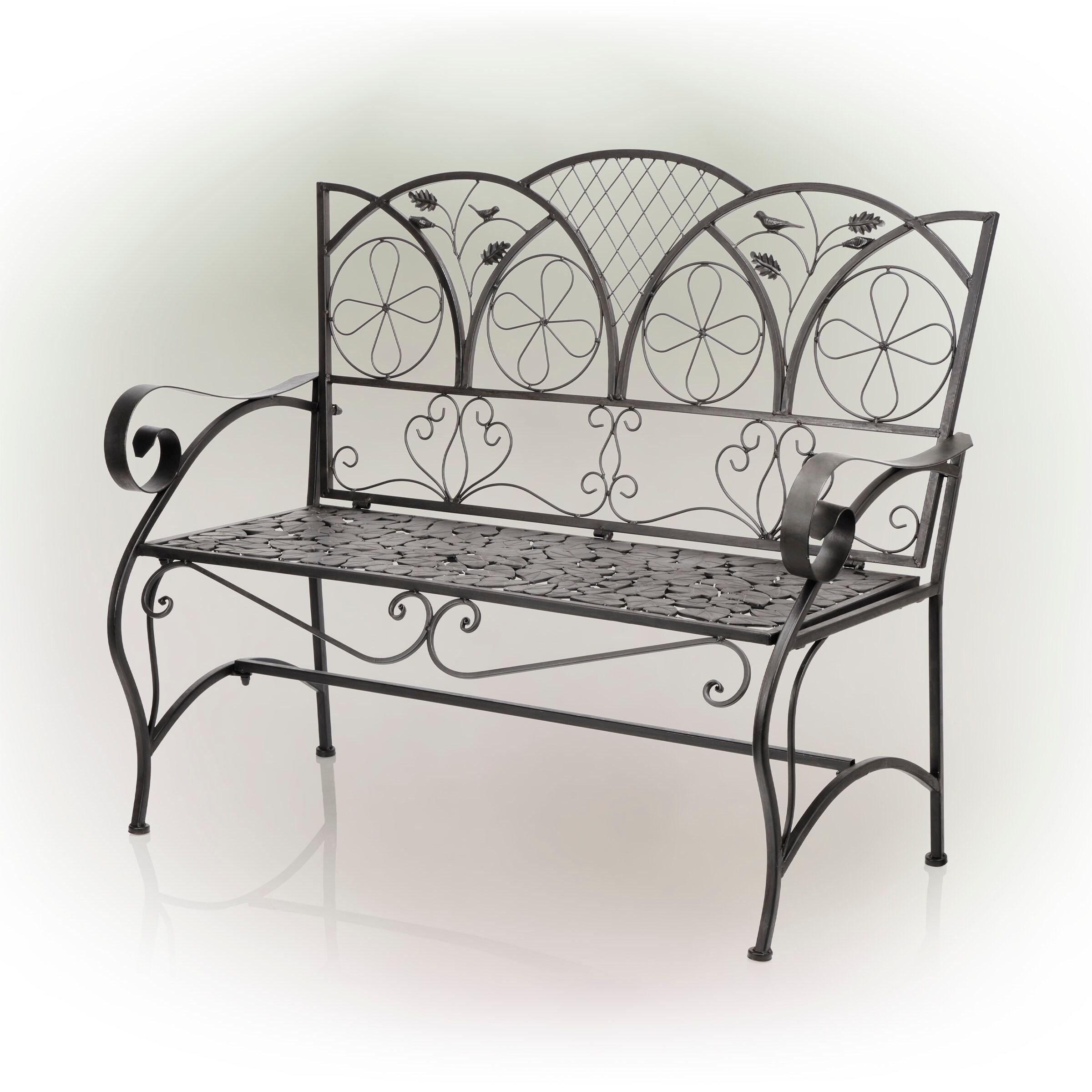 38" x 45" Iron Birds and Leaves Outdoor Garden Bench Brown - Alpine Corporation: Weatherproof, Decorative Yard Seating