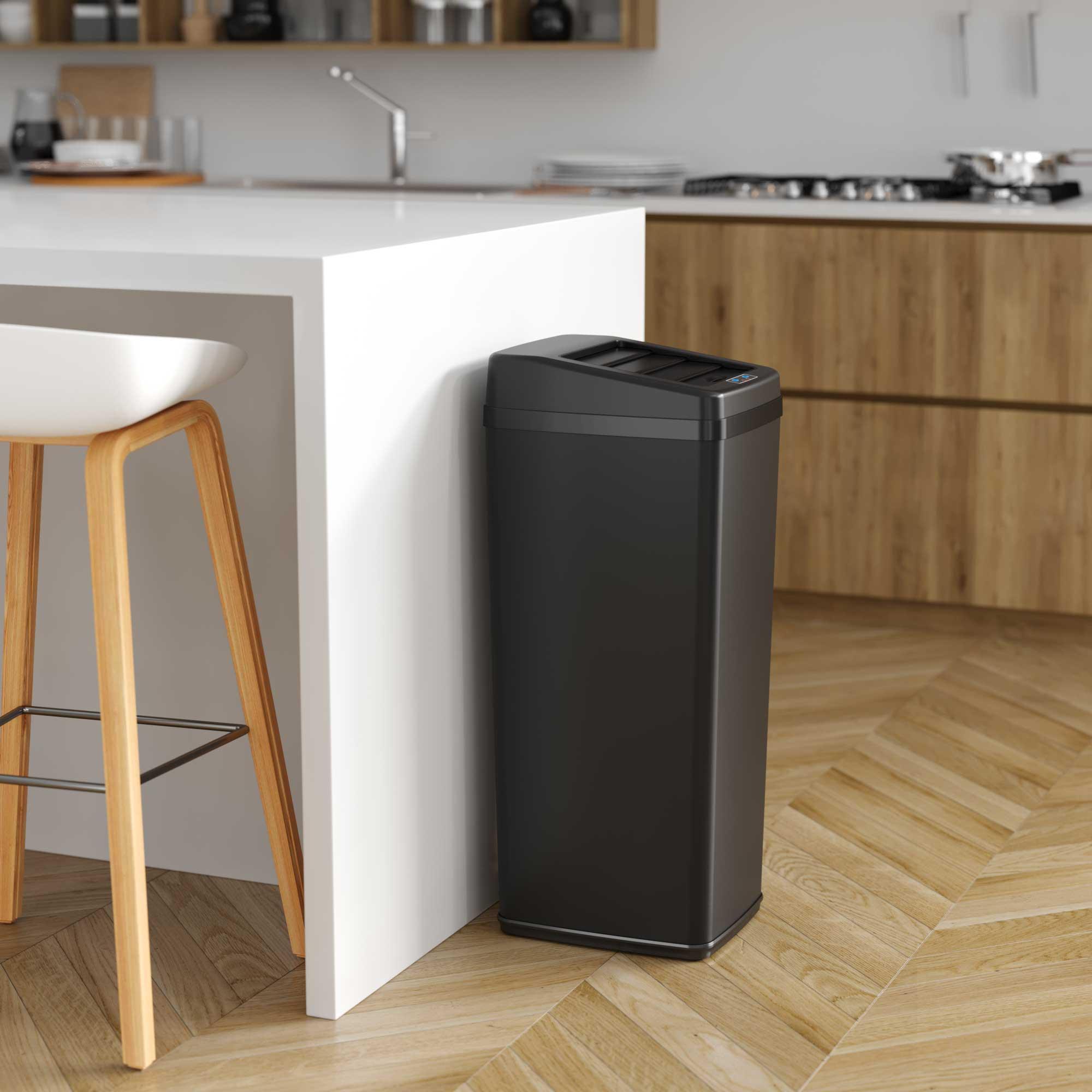 iTouchless Sliding Lid Sensor Kitchen Trash Can with AbsorbX Odor Filter 14 Gallon Black Stainless Steel