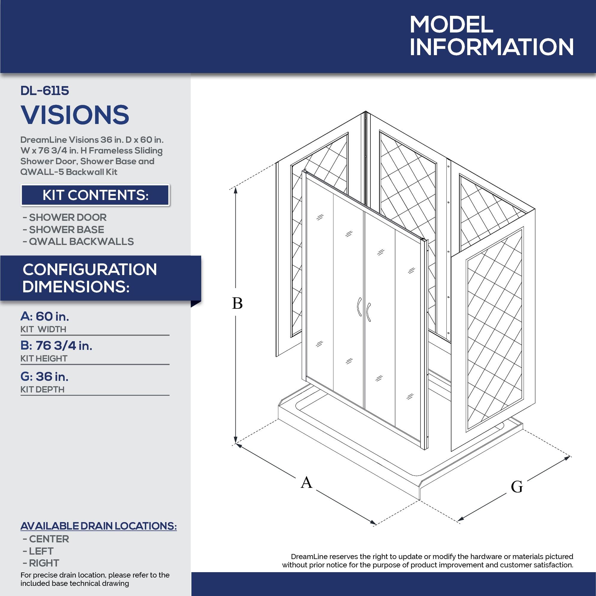DreamLine Visions 3-Piece 36-in W x 60-in L x 77-in H Rectangular Alcove Shower Kit (Right Drain) with Base, Wall and Door Included Brushed Nickel