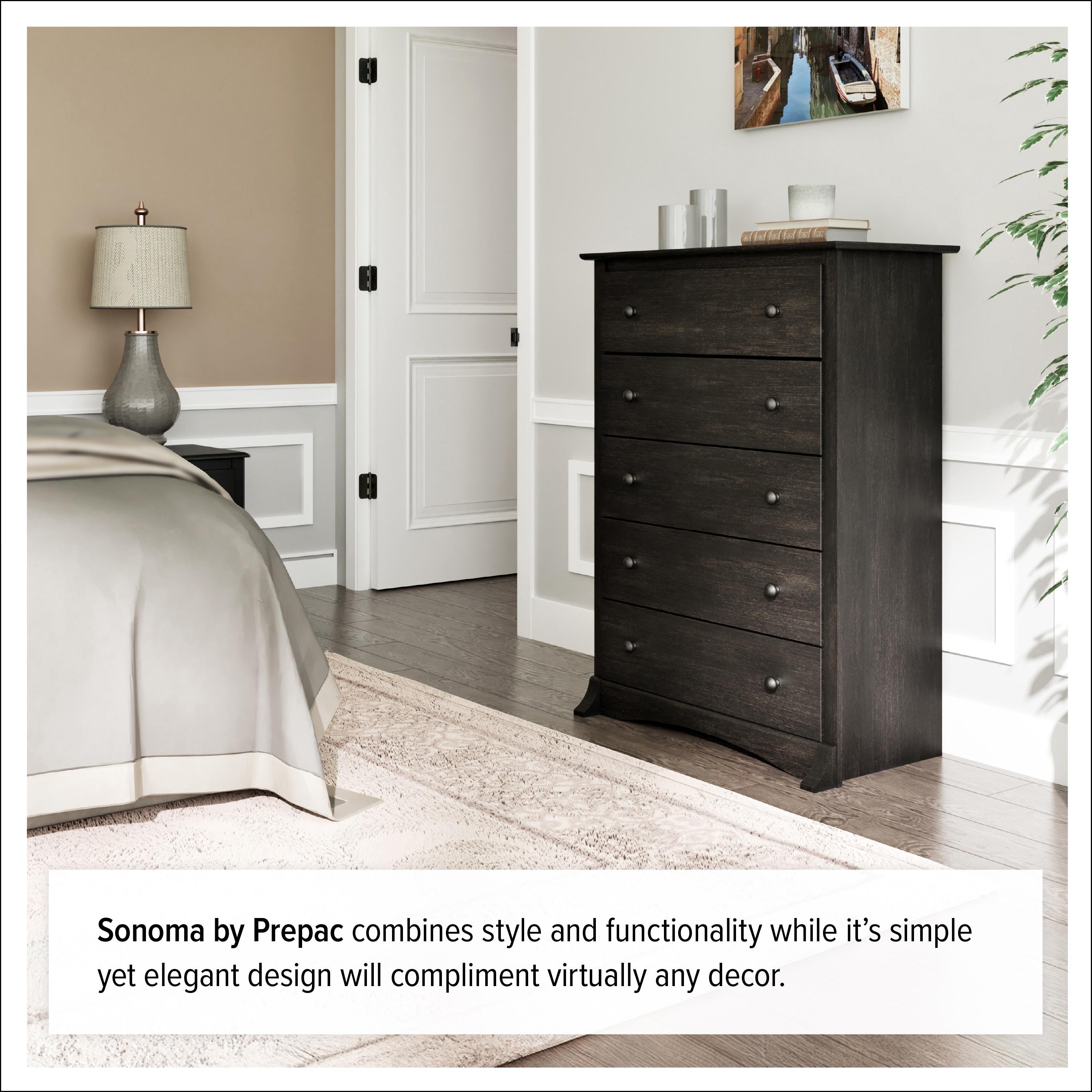 Prepac Monterey 5 Drawer Dresser Washed Black: Wood Composite Vertical Storage, 45.25" High