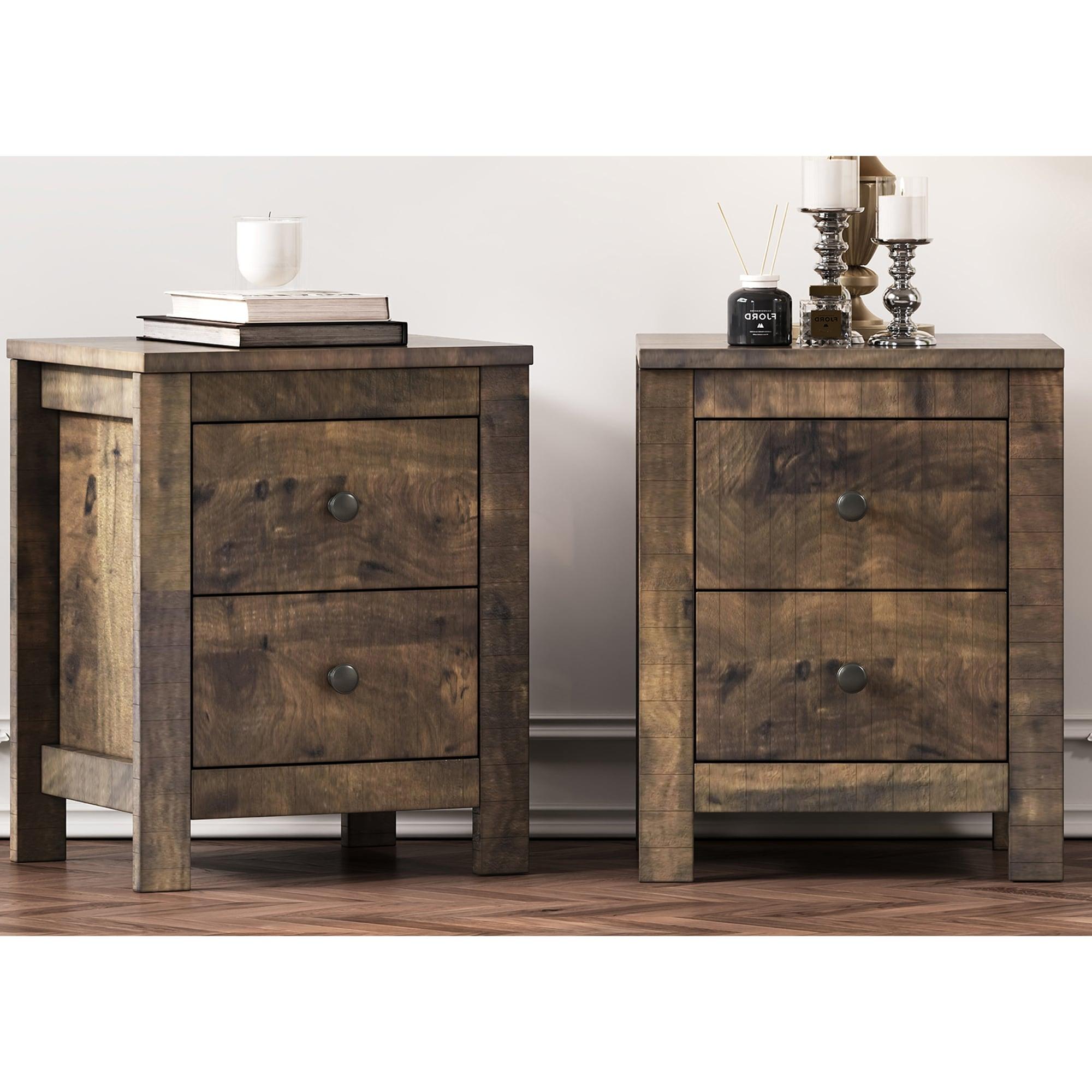 Rustic Walnut Wood Nightstand Set with Two Drawers