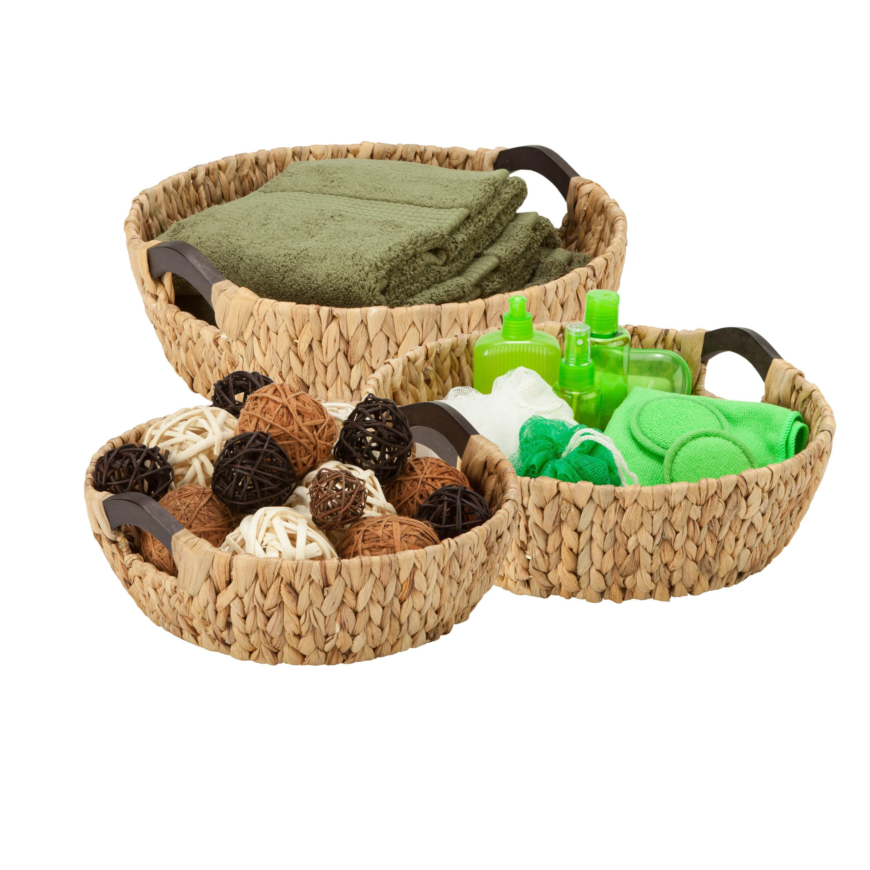 Honey-Can-Do Water Hyacinth Wicker Round Nested Storage Basket 3-Piece Set with Wood Handles, Natural