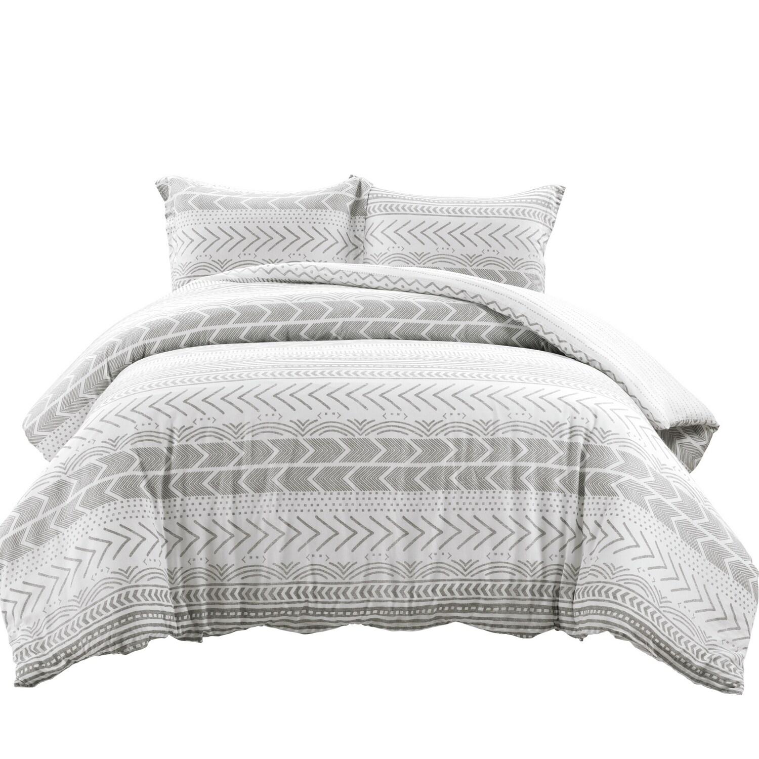3pc King Hygge Geo Duvet & Sham Set Gray/White - Lush Décor: Cotton, Reversible, Inner Ties, 460 Thread Count