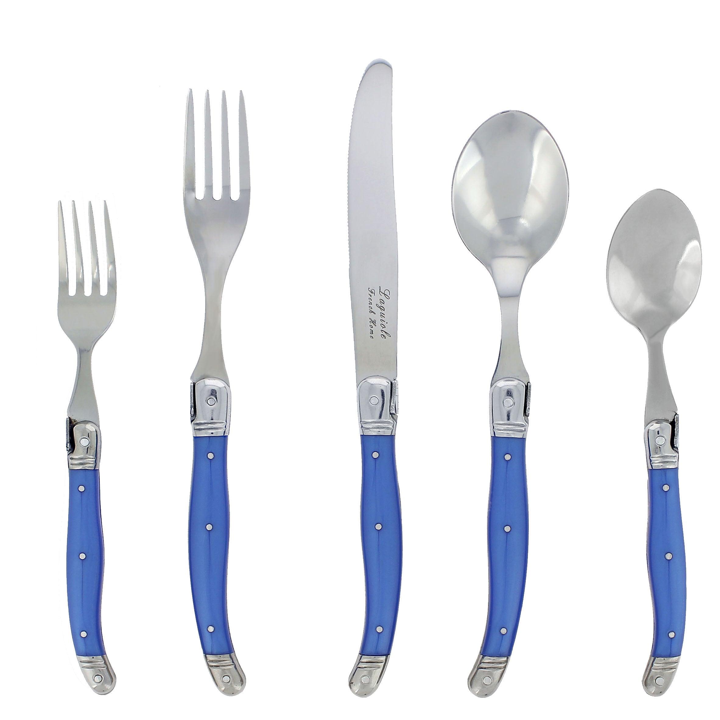 20pc Stainless Steel Laguiole Flatware Set Blue - French Home: Forks Spoons Knives Set, Dishwasher-Safe, Ergonomic Grip