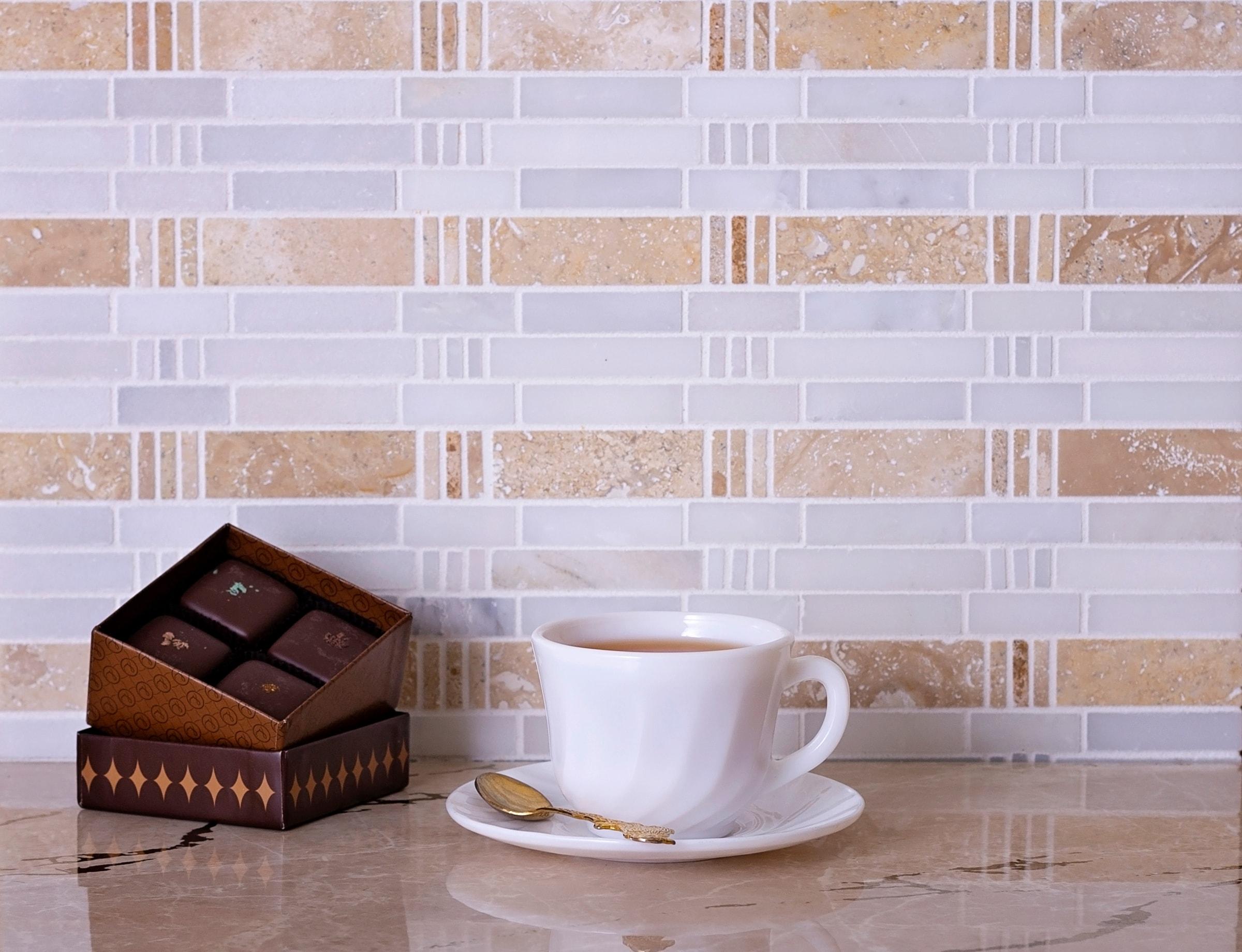 5 pack Beige and White 12 in. x 12 in. Bamboo Polished Marble Mosaic Floor and Wall Tile (5.00 sq. ft./Case)